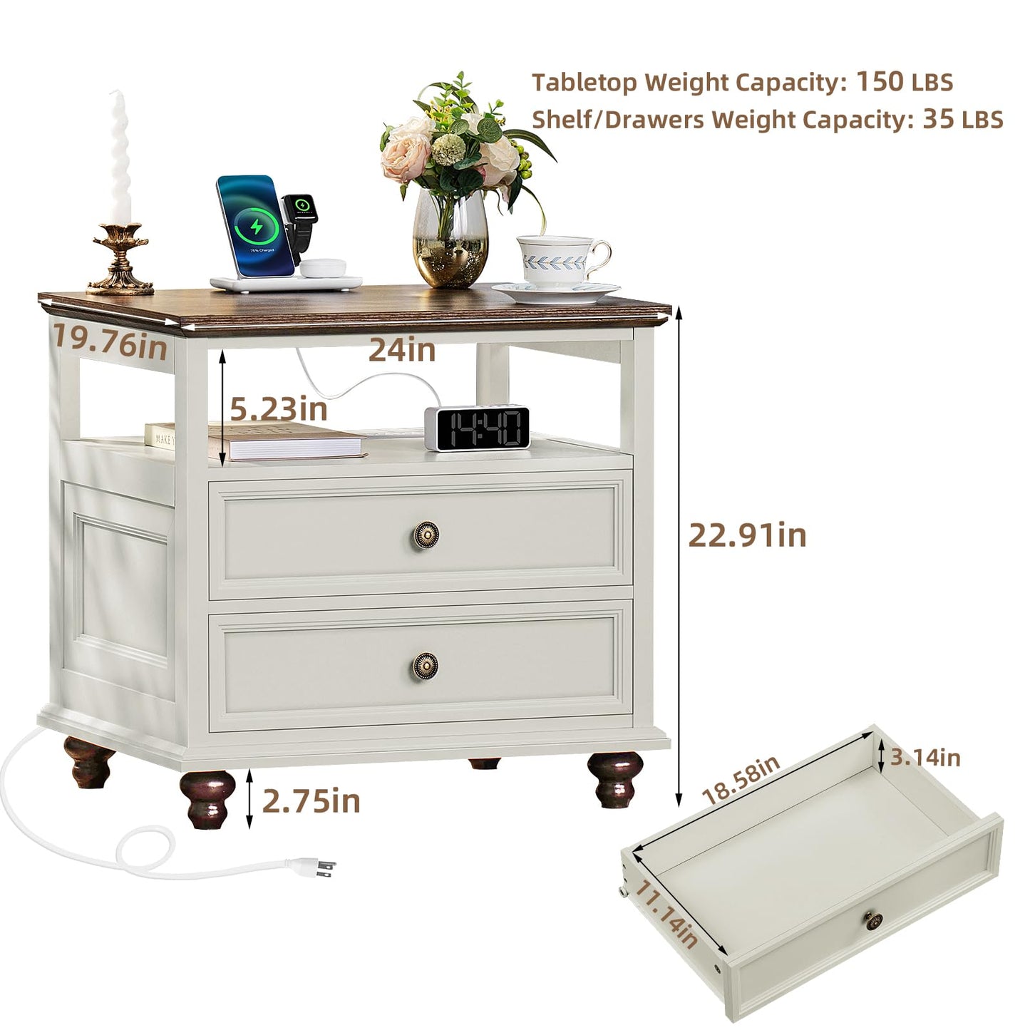 Joaxswe Farmhouse Nightstand Set of 2 with Charging Station, 24" Wide End Table with 2 Drawers,Dresser for Bedroom,Bed Side Table Chest of Drawers Cabinet,Wood White Night Stand for Living Room