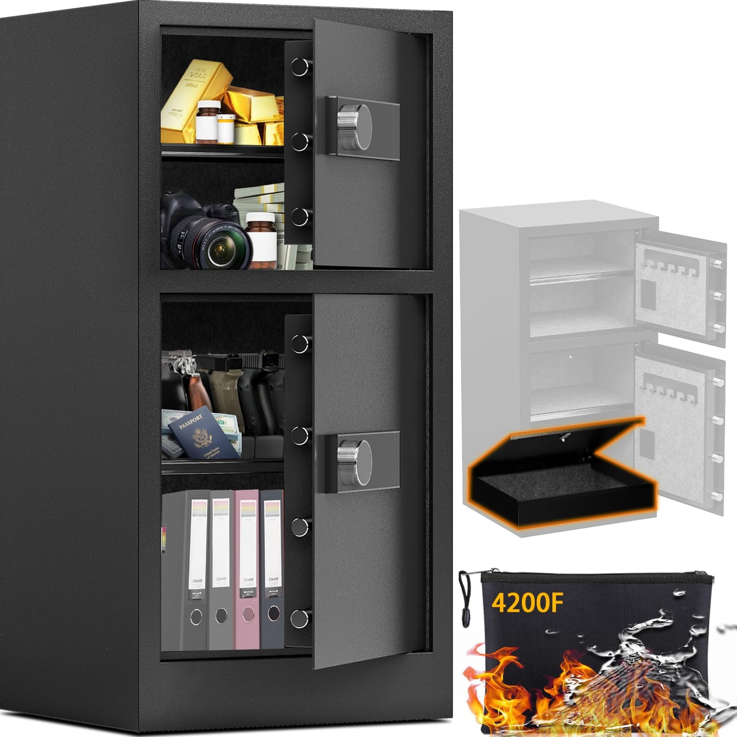 BUTISOW 8.6 Cuft Heavy Duty Dual Door Safe Box with Hidden Lock Box,Fireproof Waterproof Bag,Removable Shelves,Silent,Fireproof safe for Home, Office, Hotel