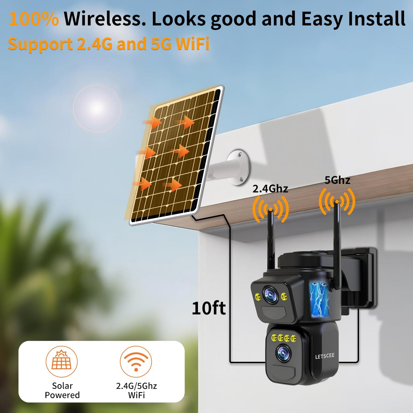 LETSCEE Dual Lens Security Cameras Wireless Outdoor，Solar Cameras for Home Security，Motion Detection,Night Vision,No Month Fee,IP65 Water Proof