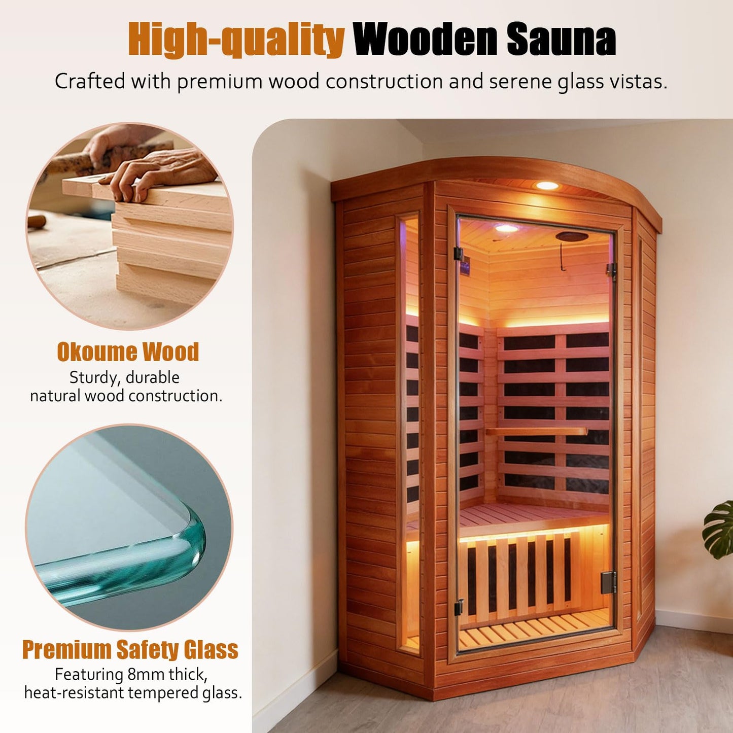 ToTibuy Corner Sauna Far Infrared Sauna 1 Person Home Saunas Indoor Wood Spa Room 1300W 120V with Red Light Bluetooth Speakers 37.4" x 37.4" x 70.9"