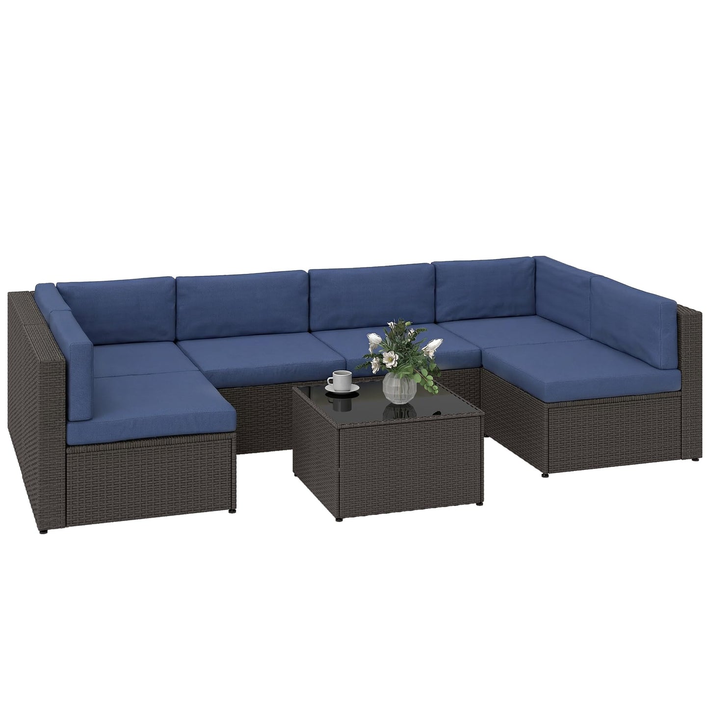 Outsunny 7 Piece Patio Furniture Set, Wicker Outdoor Sectional Sofa Set, All Weather PE Rattan Outdoor Furniture Conversation Sets with Cushions, Glass Top Coffee Table, Dark Blue