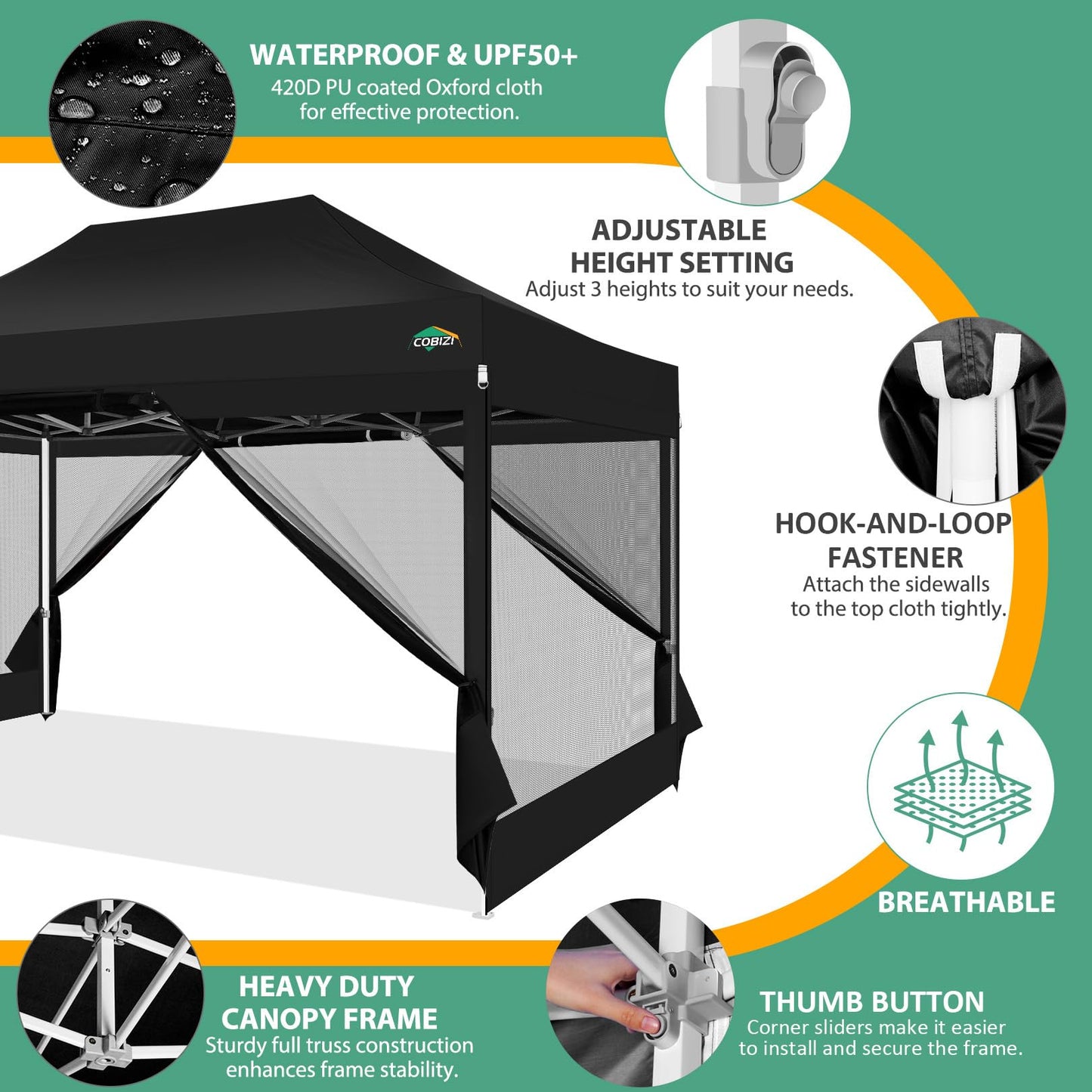 COBIZI 10x15 Canopy Tent with 4 Sidewalls,Heavy Duty Pop up Canopy with Mosquito Netting,Easy up Screen Tent for Parties Wedding Patio with Handbag,Black