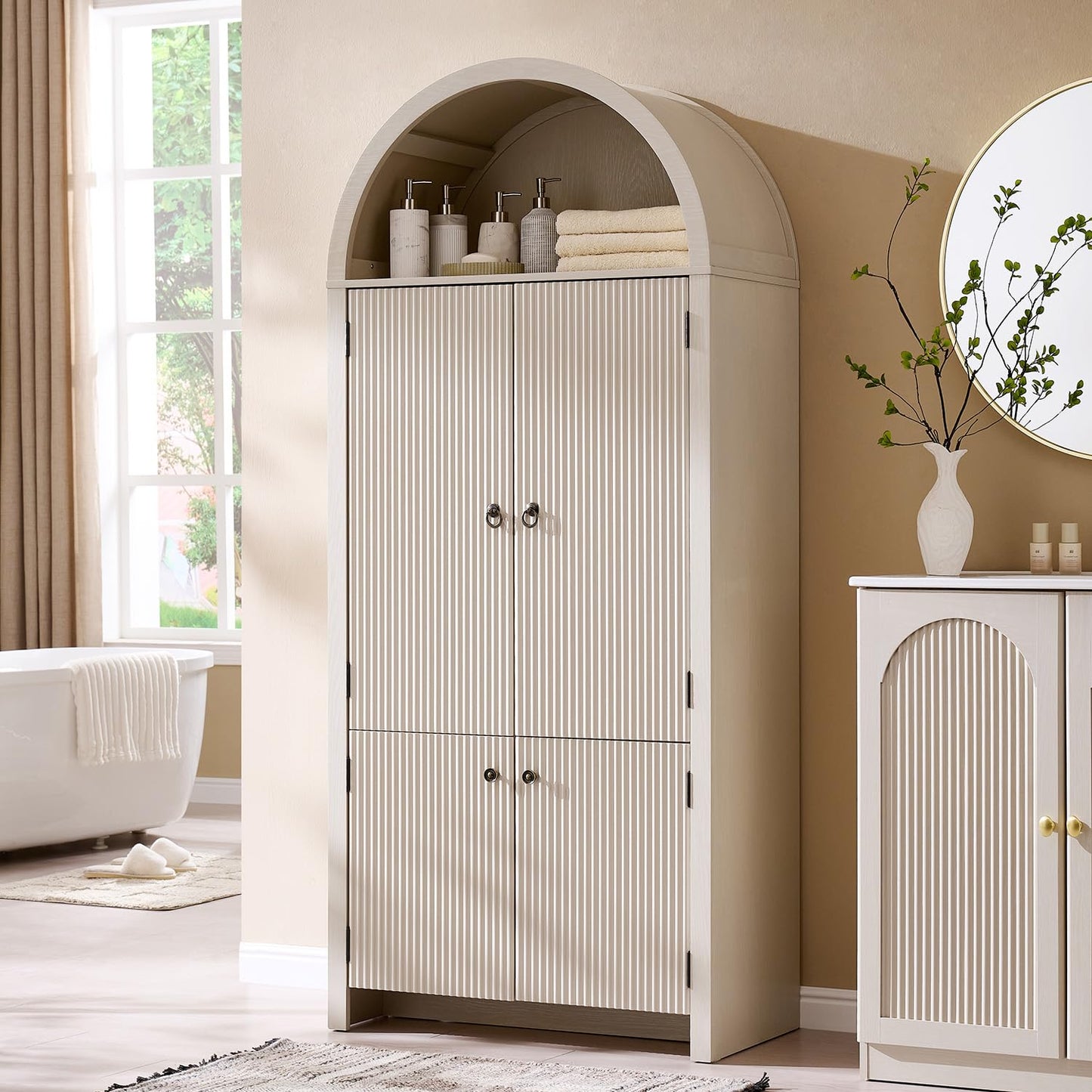 IFBUY 71" Tall Arched Bathroom Storage Cabinet, Modern Fluted Storage Cabinet w/Doors, 3 Adjustable Shelves, 6 Door Shelves, Wood Freestanding Cabinet for Bathroom, Entryway, Hallway, Cream