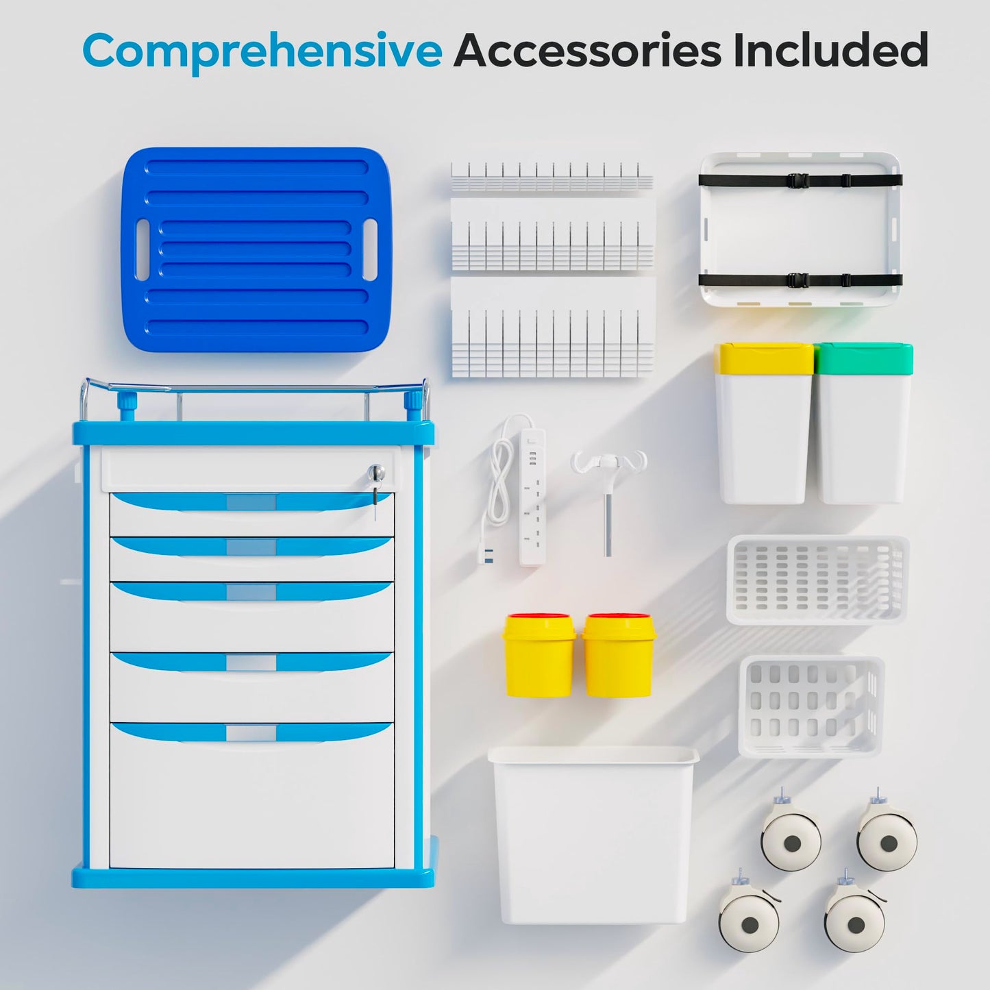 Fuzren Medical Rolling Storage Crash Cart with Wheels, 5-Tier Medical Cart with Drawers, Adjustable IV Pole, Trash Bin & O2 Holder, Needle Disposal Holder, Silent Casters, Ideal for Hospitals (Blue)