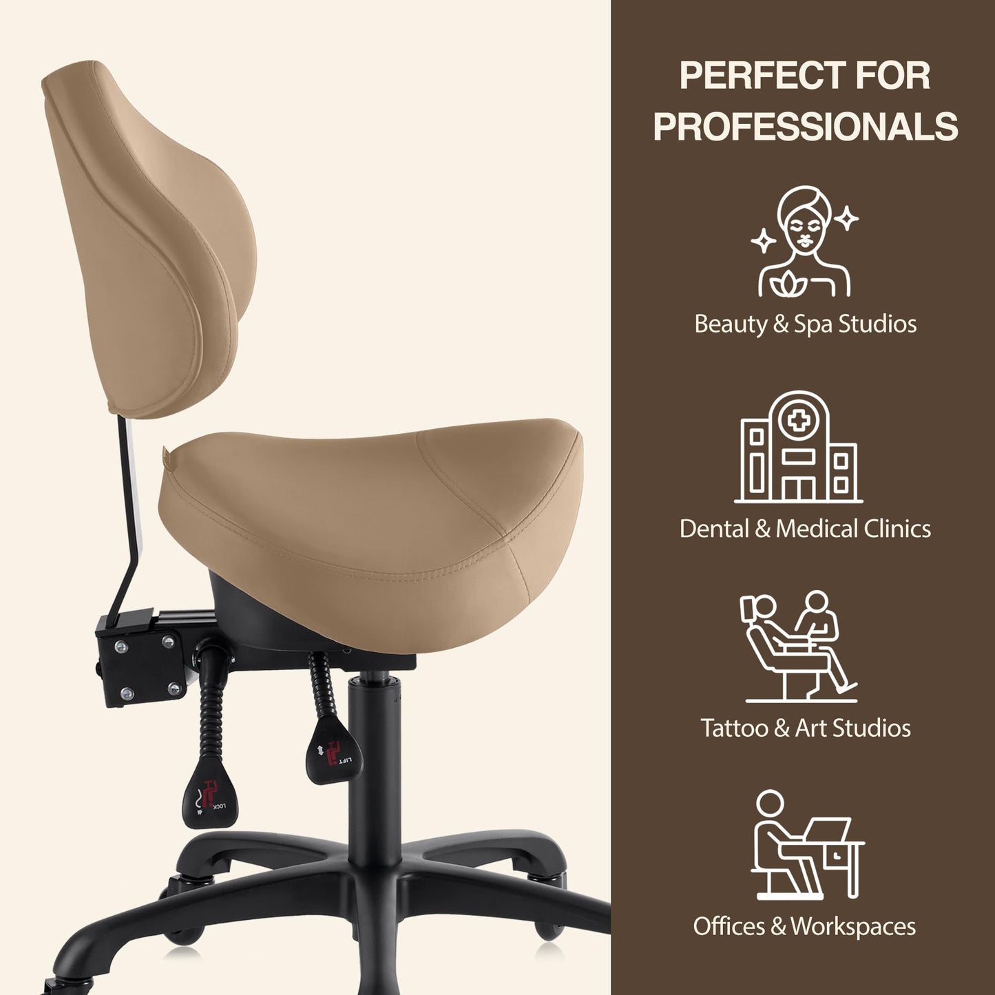 DR.LOMILOMI Pneumatic Swivel Rolling Saddle Chair with Wheels and Ergonomic Back Support for Hair Stylist, Dental Hygienist, Hygienic Clinic, Spa, Massage, Home, Office - 510 KOA