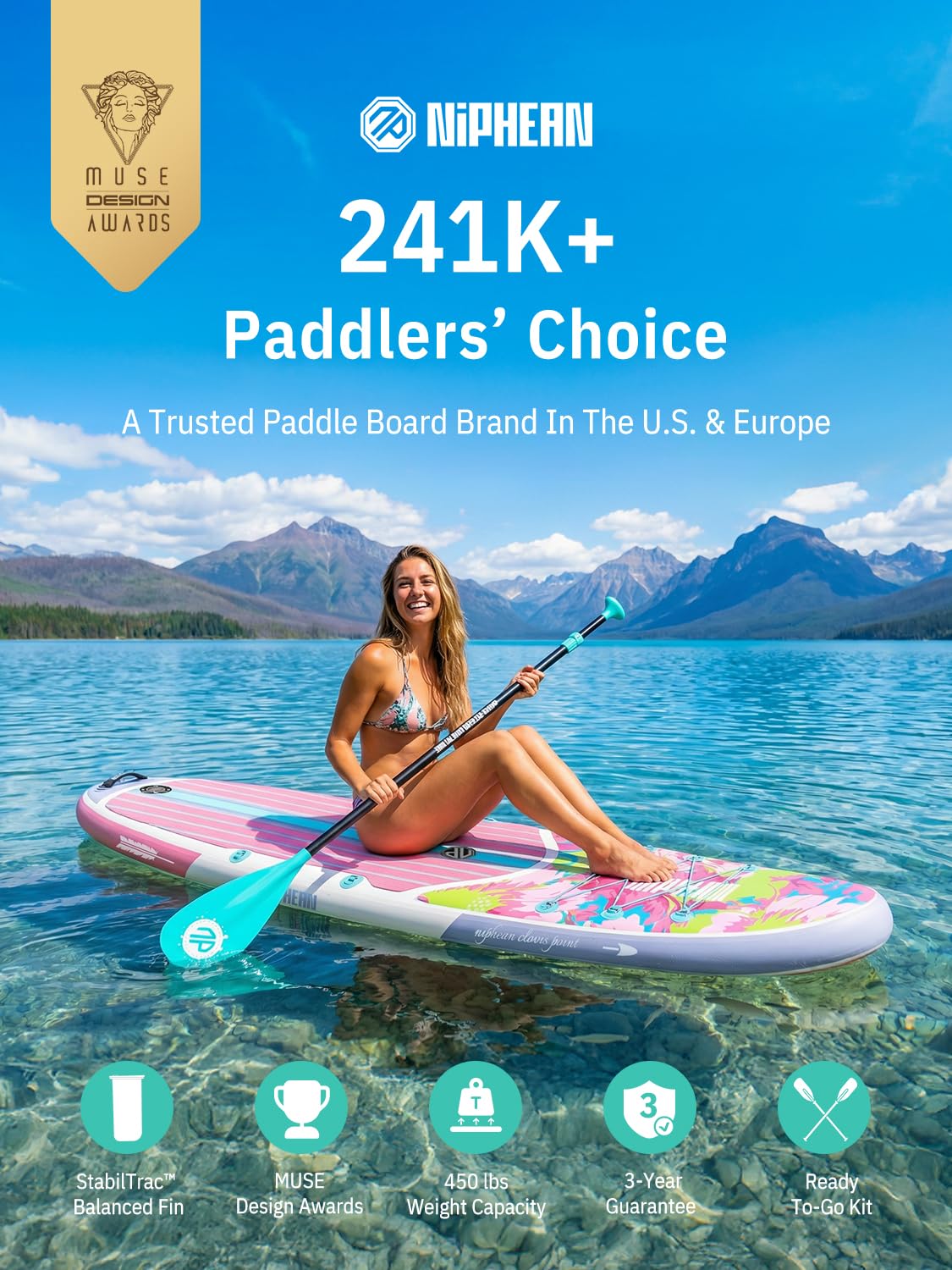 Niphean Inflatable Stand Up Paddle Board with Stabiltrac Fin Design and SUP Accessories, Anti-Slip EVA Deck, 10’6’’ Inflatable Paddle Boards for Adults & Youth of All Skill Levels