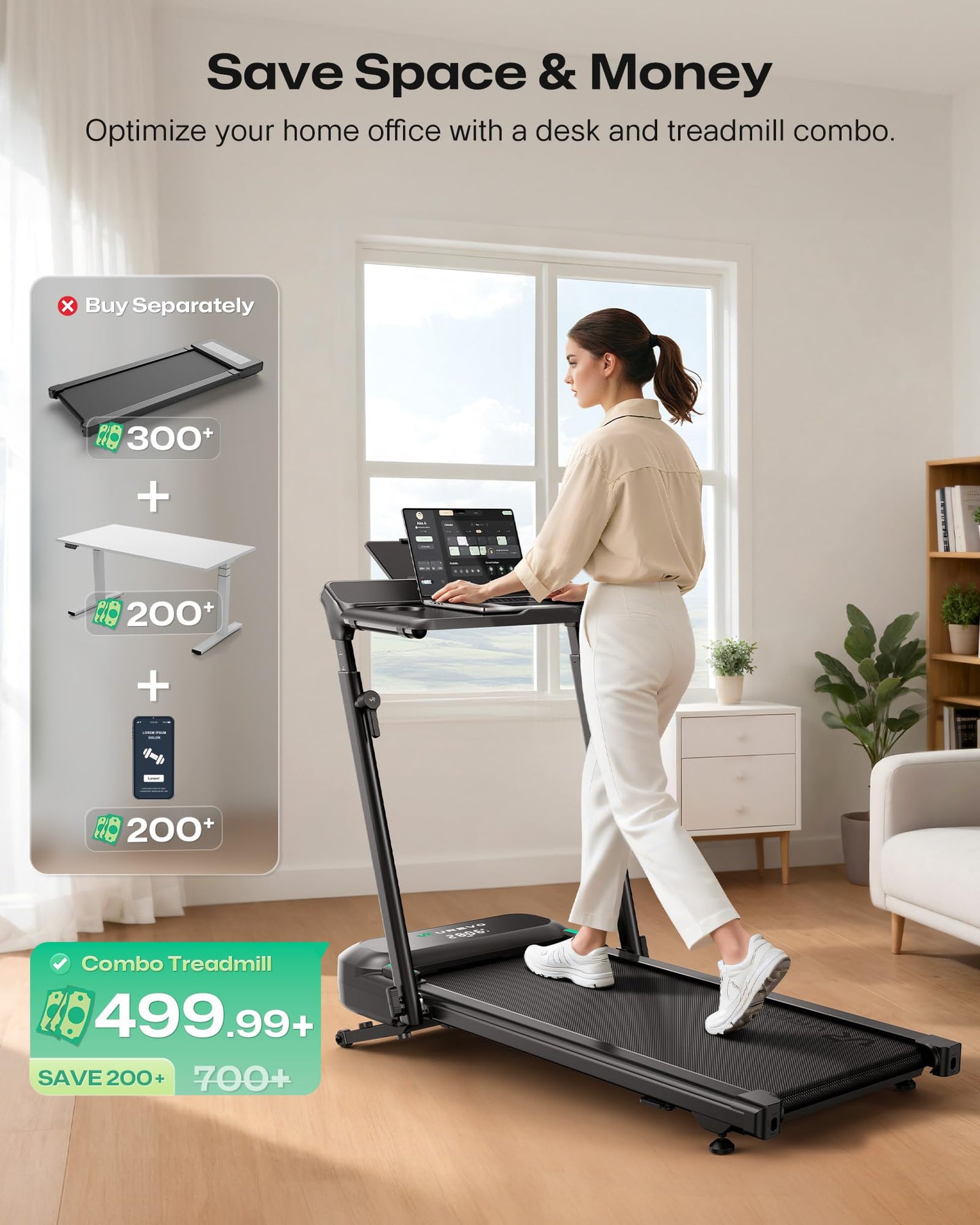 UREVO Foldimix 5L Treadmills for Home, Dual Brushless Motorized 3.0HP ，9% Auto Incline Walking Pad with Adjustable Handle Bar, Multi-Functional, 14-Point Shock Absorption, Standing Desk Treadmill