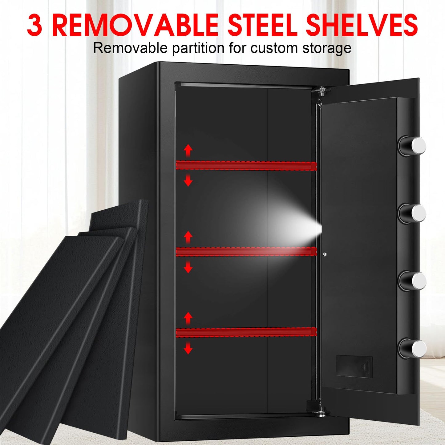 6.0 Cub Large Home Safes Fire and Waterproof, Anti-theft Fire Proof Safe Box with Digital Keypad, Key Lock and 3 Removable Shelves, Security Safes Fireproof Waterproof for Home Document Valuables