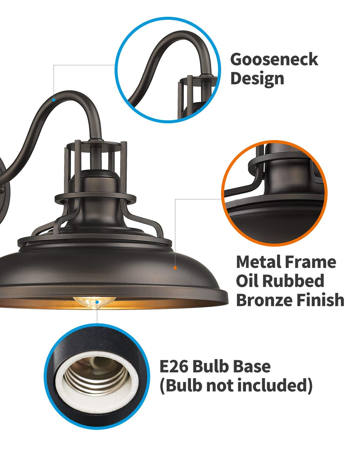 FEMILA Gooseneck Barn Light Wall Sconce, Indoor Outdoor Vintage Style, 12in, Oil Rubbed Bronze Finish