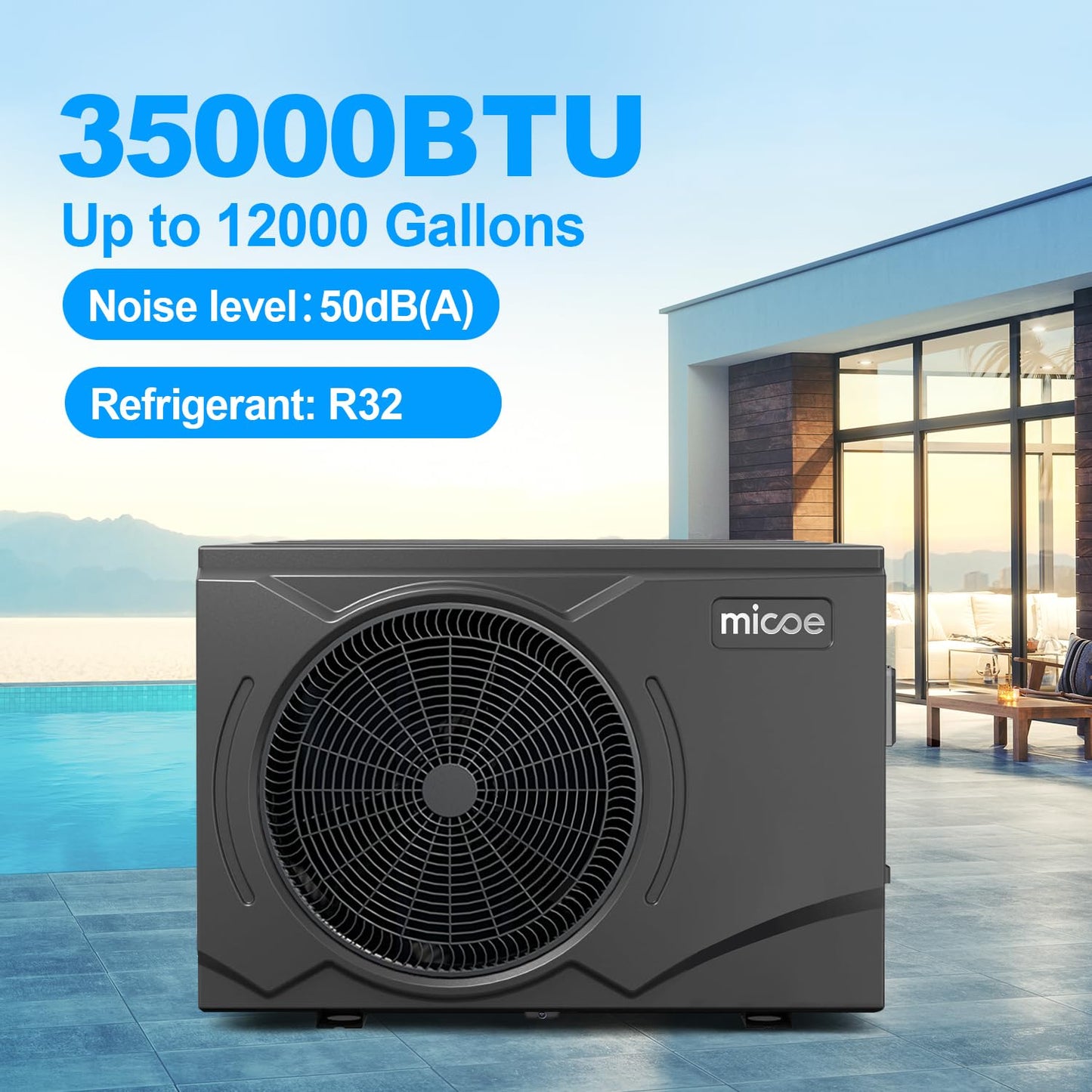 MICOE 35,000 BTU Inverter Pool Heat Pump for Above Ground & Inground Pools up to 24ft (12,000 Gal), Electric Heater with Heating and Cooling Mode, Titanium Heat Exchanger, App Control, 220V