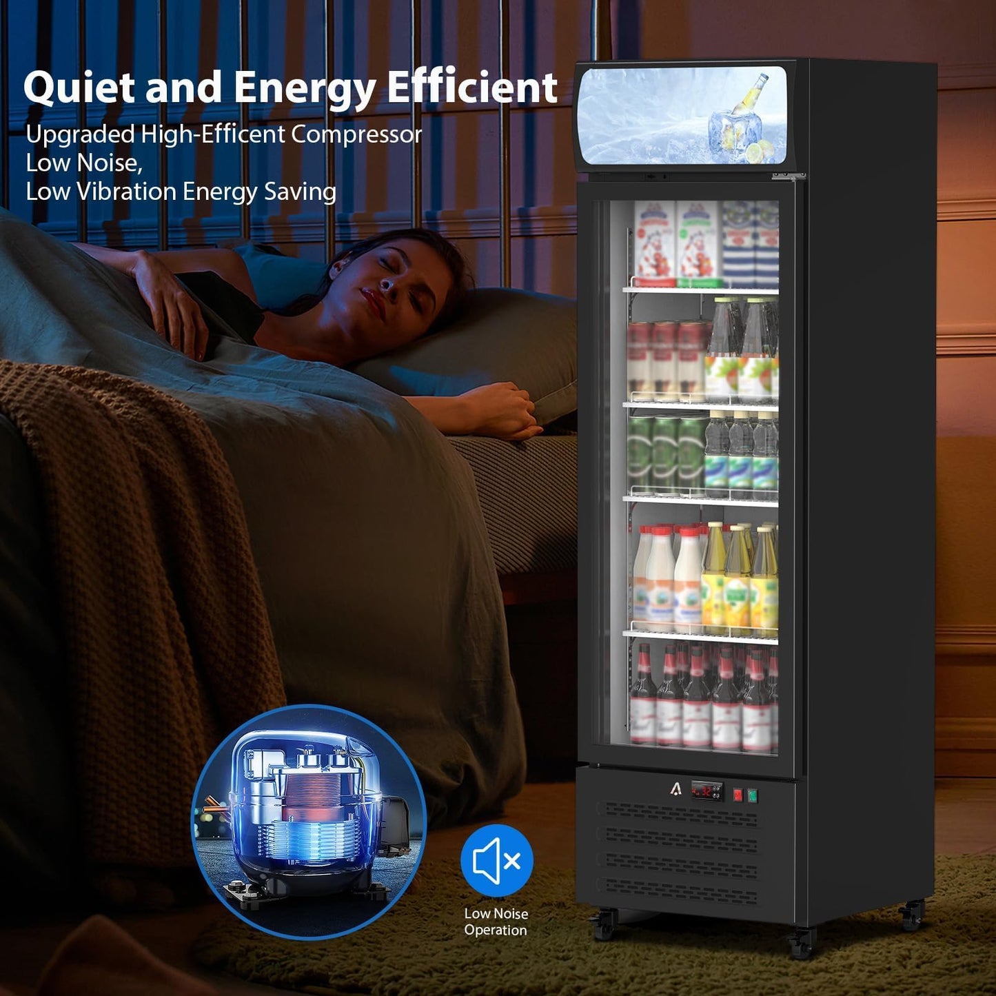 PeacefulHues 17.6 Cu.Ft Commercial Display Refrigerator,Glass Door Beverage Cooler with Adjustable Shelves,LED Lighting & Advertising Panel, Mobile Design