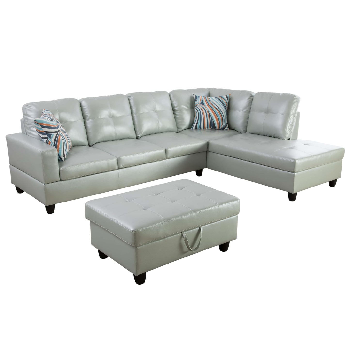 NicBex Sectional Couch 3 Pieces Sofa Set, L-Shaped Modular Couches for Living Room, Furniture Sets with Lounge Chaise & Storage Ottoman, Multi-Scene Use for Apartment & Office, Silver Green