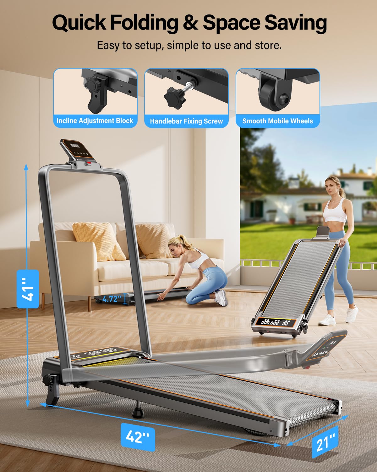 Walking Pad Treadmill with 15% Incline/Handle Bar/2 Screen Display, 3.5HP Foldable Walking Pad Treadmill, Portable Treadmills for Home with 4 Adjustable Incline, 350+lb Capacity, Smart App, RGB Light