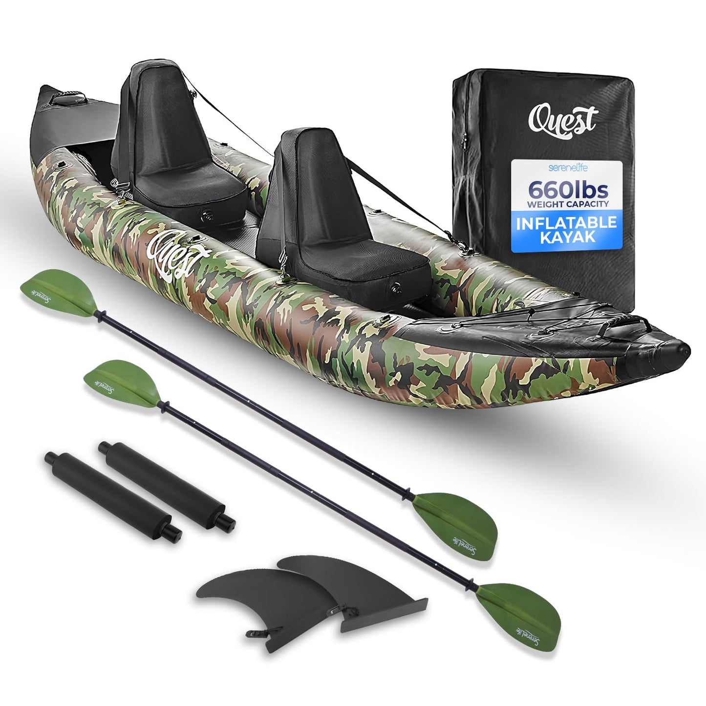 SereneLife Inflatable 2-Person Kayak – Durable PVC Kayak for Fishing with Aluminum Paddles, High-Output Pump, Repair Kit & Bag, Lightweight, Portable Design for Lakes & Rivers, (Camouflage)