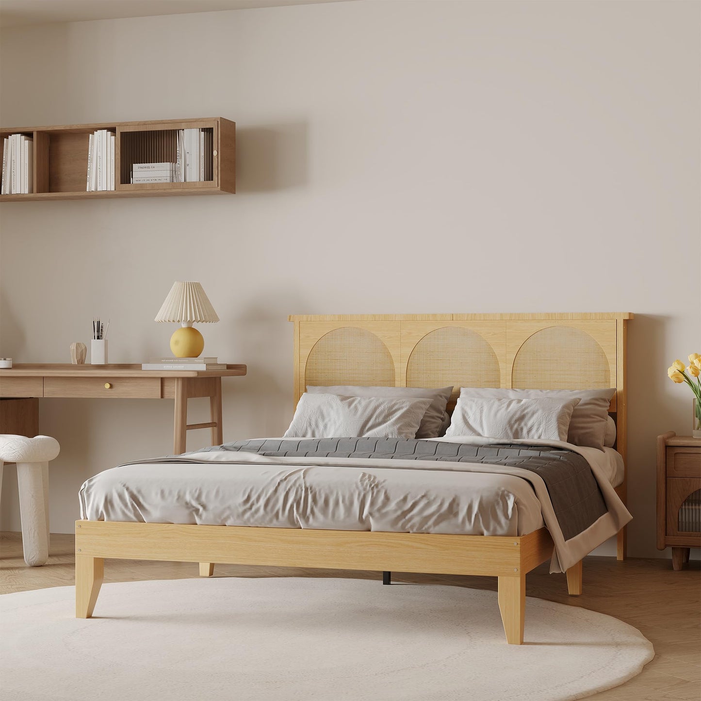 GarveeLife Rattan Bed Frame with Headboard, Wooden Platform Bed Frame Queen Size with Smart RGB LED Storage Headboard, Boho Wood Bed Frame No Box Spring Needed, Under Bed Storage, Easy Assembly