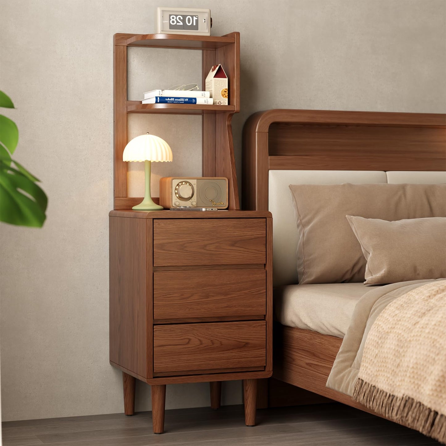Solid Wood Bookshelf with Drawers,Narrow bookcase with Storage Shelves,Tall Nightstand with Drawers,Mid Century Modern Nightstand,Open Shelf Bookcase,Small Book Shelf for Bedroom,Living Room,Offices