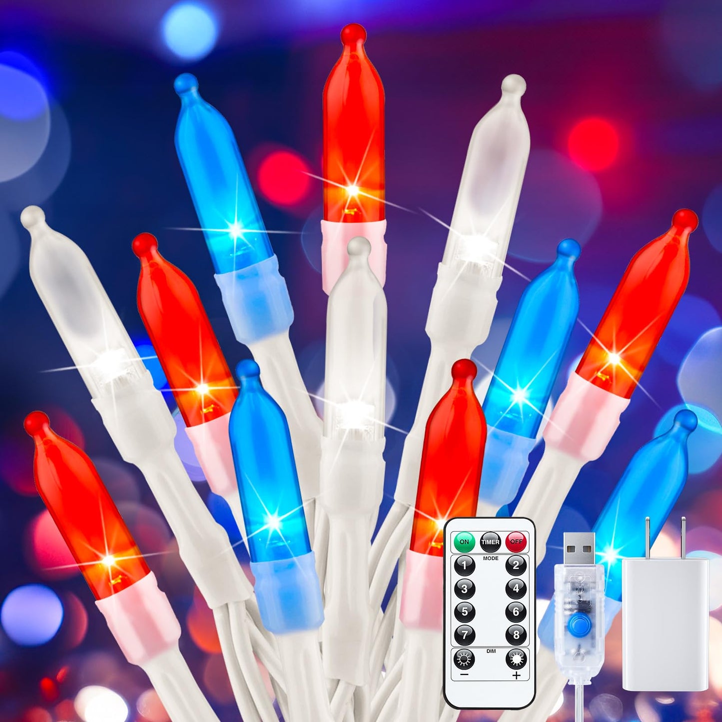 Minetom String Lights - 100 LED Waterproof Mini Lights with Remote, 33 Feet, Red White Blue - White Wire, Model DMO-S-100