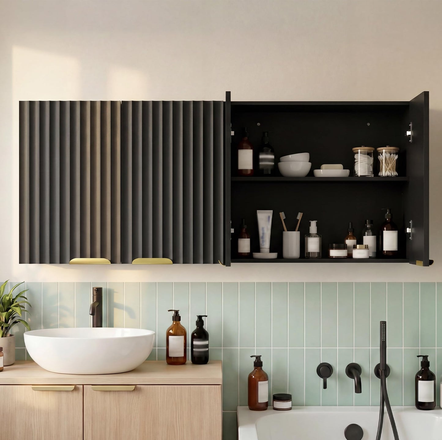 ChooChoo 4 Doors Wall Cabinet Laundry Room, Bathroom Wall Cabinet with Adjustable Shelf, Fluted Wall-Mounted Medicine Cabinet, Storage Cabinet for Kitchen, Garage, Black