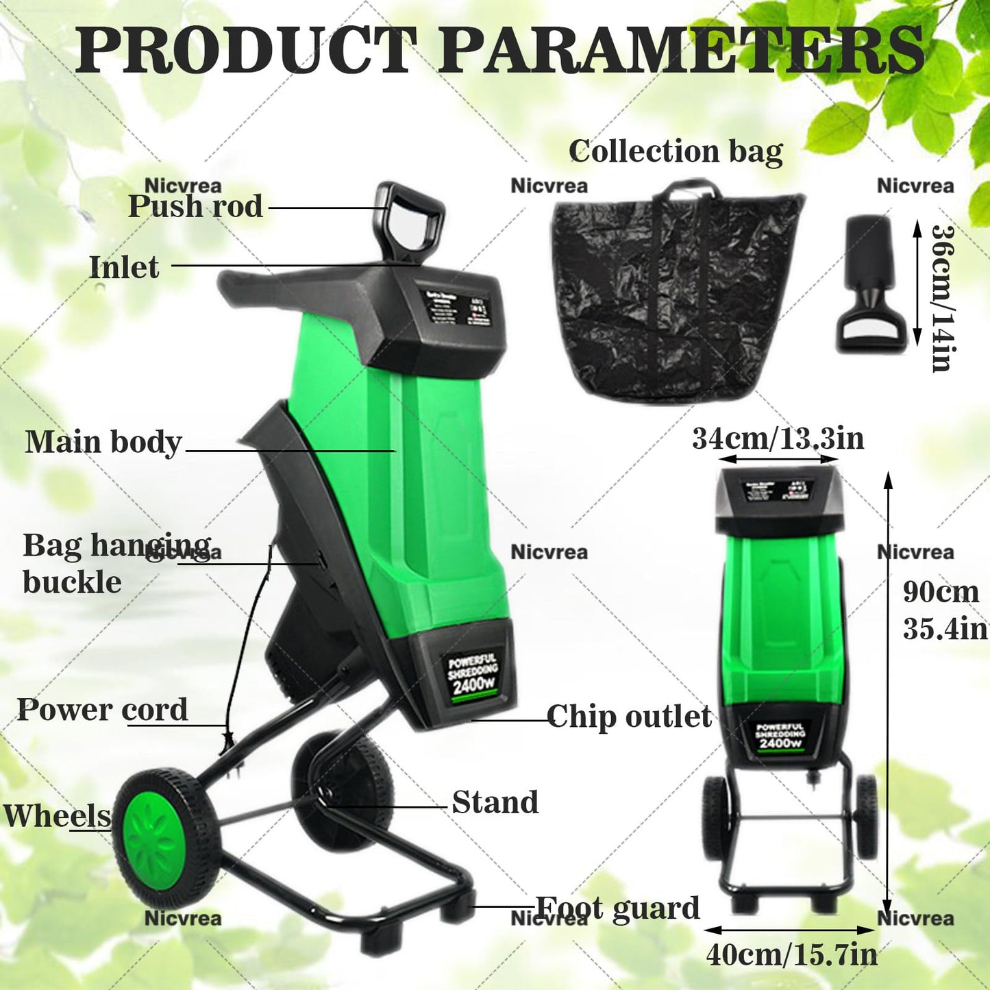 Leaf Mulcher,Electric Garden Shredder,Super Powerful Tree Branch Crusher,Wood Chippers, Shredders, Tree Branch Crusher,with 50L Collection Bag, Suitable for Garden