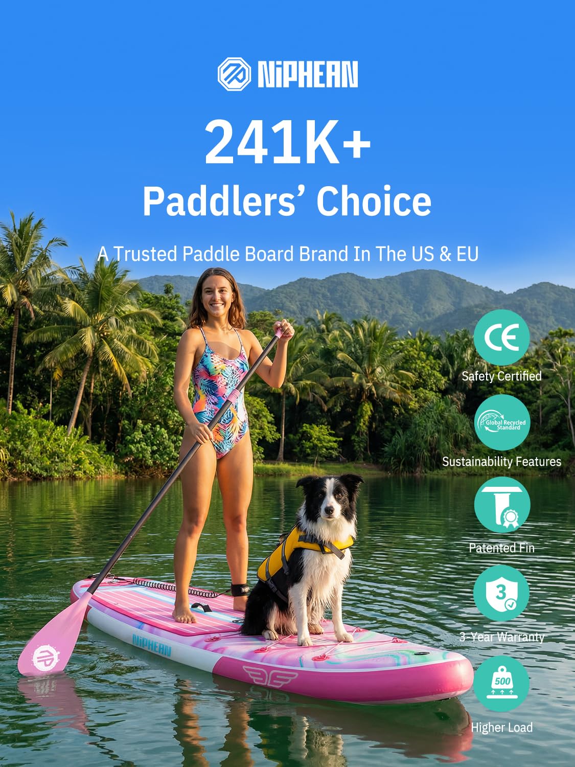 Niphean (Extra Large) Inflatable Paddle Board, SUP for 2+1 People/Family 500lbs Capacity Stand Up Paddle Board with SUP Accessories, StabilTrac Fin Non-Slip Paddleboard for Adults-Rose Red