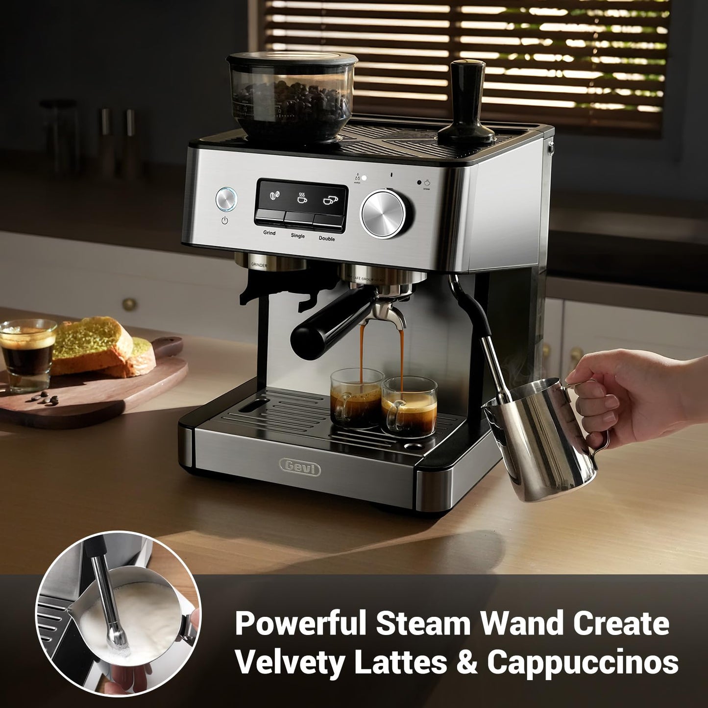 Gevi 20 Bar Espresso Machine with Built-in Grinder & Milk Frother | Professional Coffee Maker for Home | Cappuccino, Latte, 2.3L Removable Water Tank, Stainless Steel Steam Wand