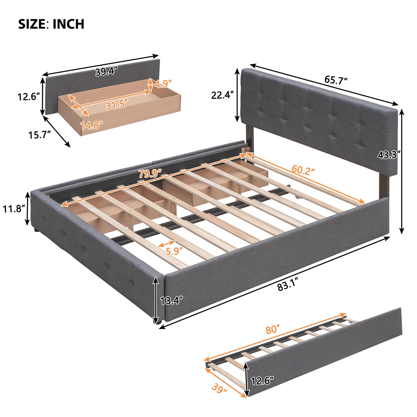 Ball & Cast Queen Bed Frame with 2 Drawers and 1 Twin XL Trundle, Linen Upholstered Platform Bed Frame Queen Size with Button Tufted Headboard & Wood Slats Support,No Box Spring Needed,Dark Gray