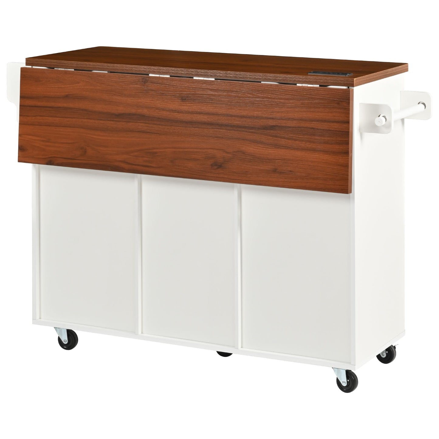 Merax Farmhouse 52 inch Kitchen Island on Wheels with Drop Leaf Table, Power Outlet, Wood Kitchen Rolling Cart with Faux Marble Top & 2 Doors & 2 Drawers, White
