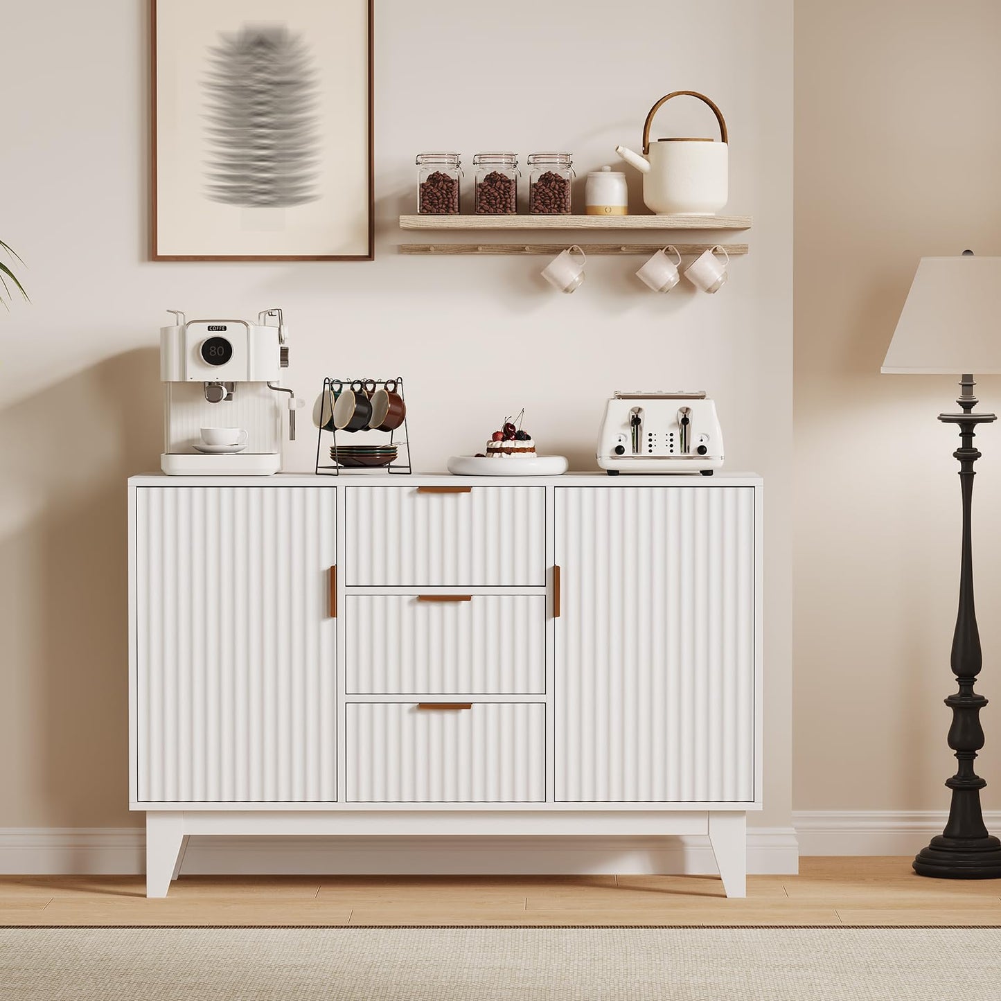 47.2" Fluted Buffet Cabinet, Mid-Century Sideboard with 2 Waveform Doors, Gold Handles, 3 Drawers & Adjustable Shelves, Coffee Bar TV Stand for Living Room Kitchen- White