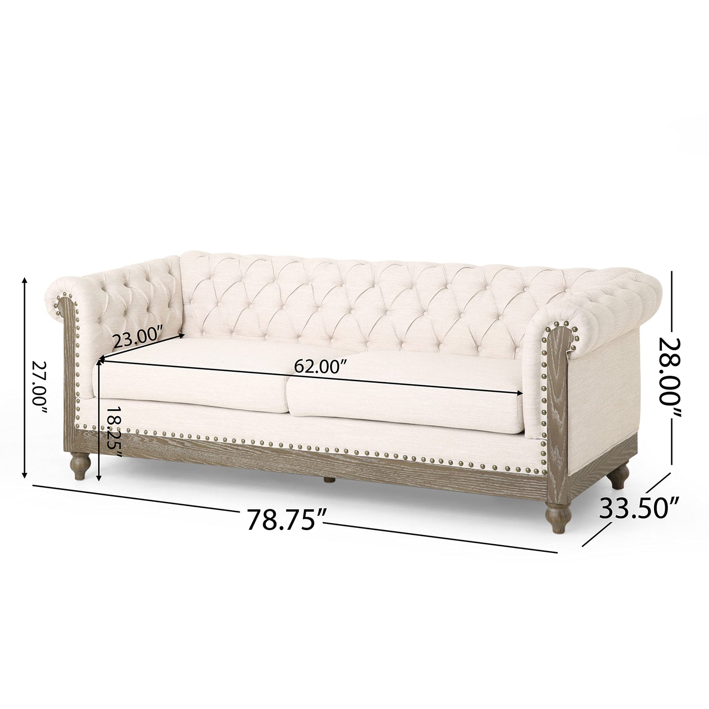 Merax Chesterfield Sofa, Retro Style Upholstered 3 Seater Rolled Arm Couch for Living Room Bedroom Office, Beige