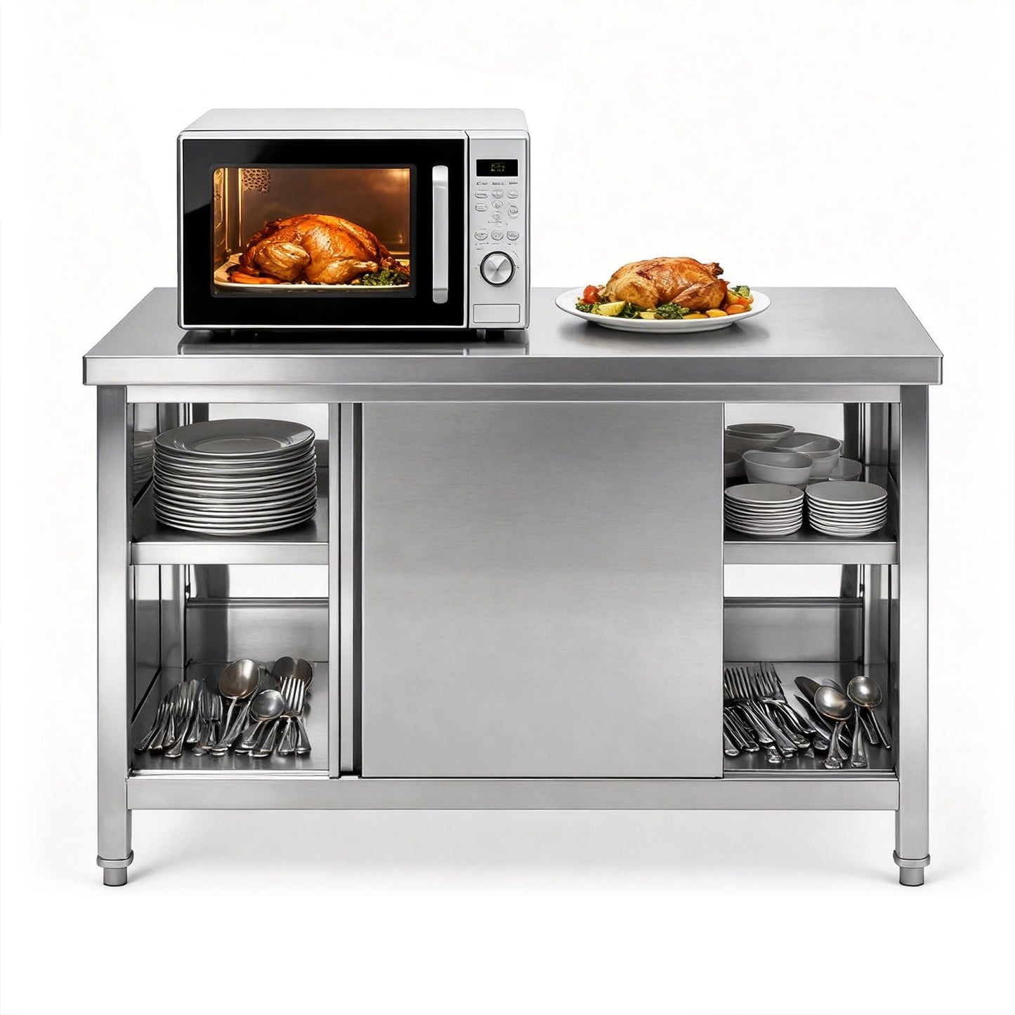 Stainless Steel Commercial Worktable w/Sliding Doors for Prep & Work 39.4" x 19.7" x 33.5" Commercial Kitchen Prep Table Heavy Duty Workbench w/Cabinet for Home Restaurant Hotel and Garage (Small)