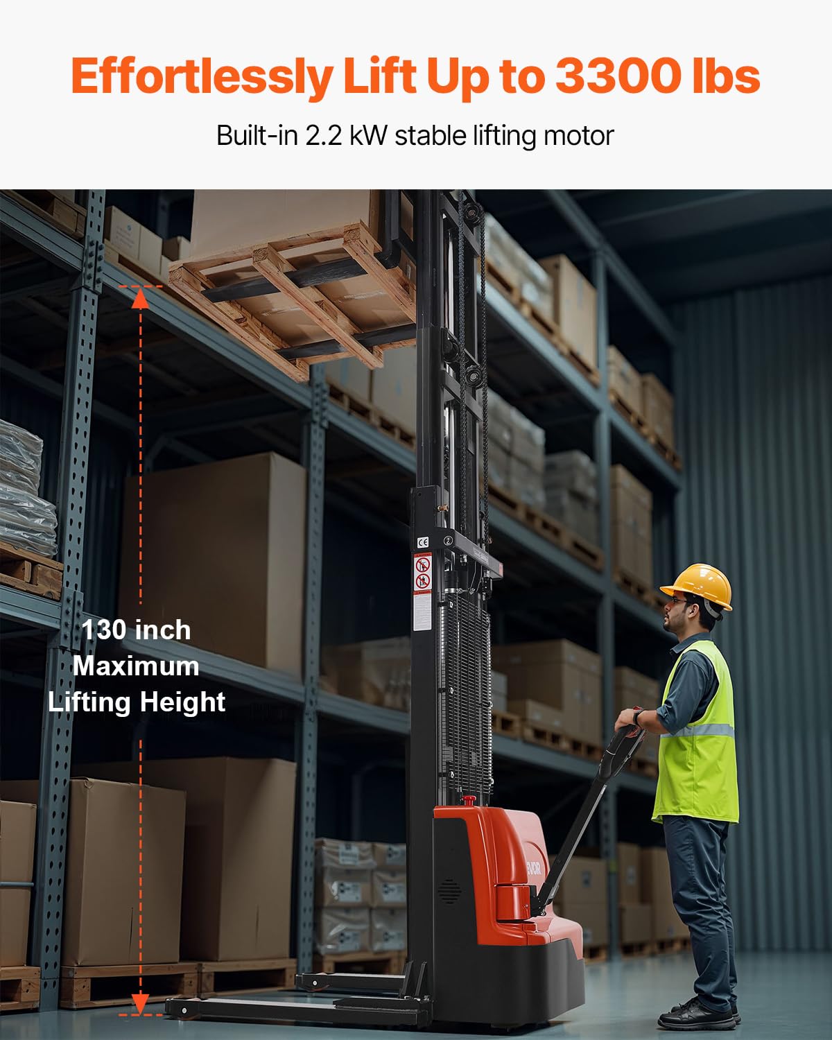 VEVOR Full Electric Pallet Stacker, 3300 lbs Load Capacity, 130'' Max Lifting Height, Pallet Lift Stacker Forklift with Straddle Legs & Forks, 8.66-31.1 Inches Adjustable Fork Width, Orange & Black