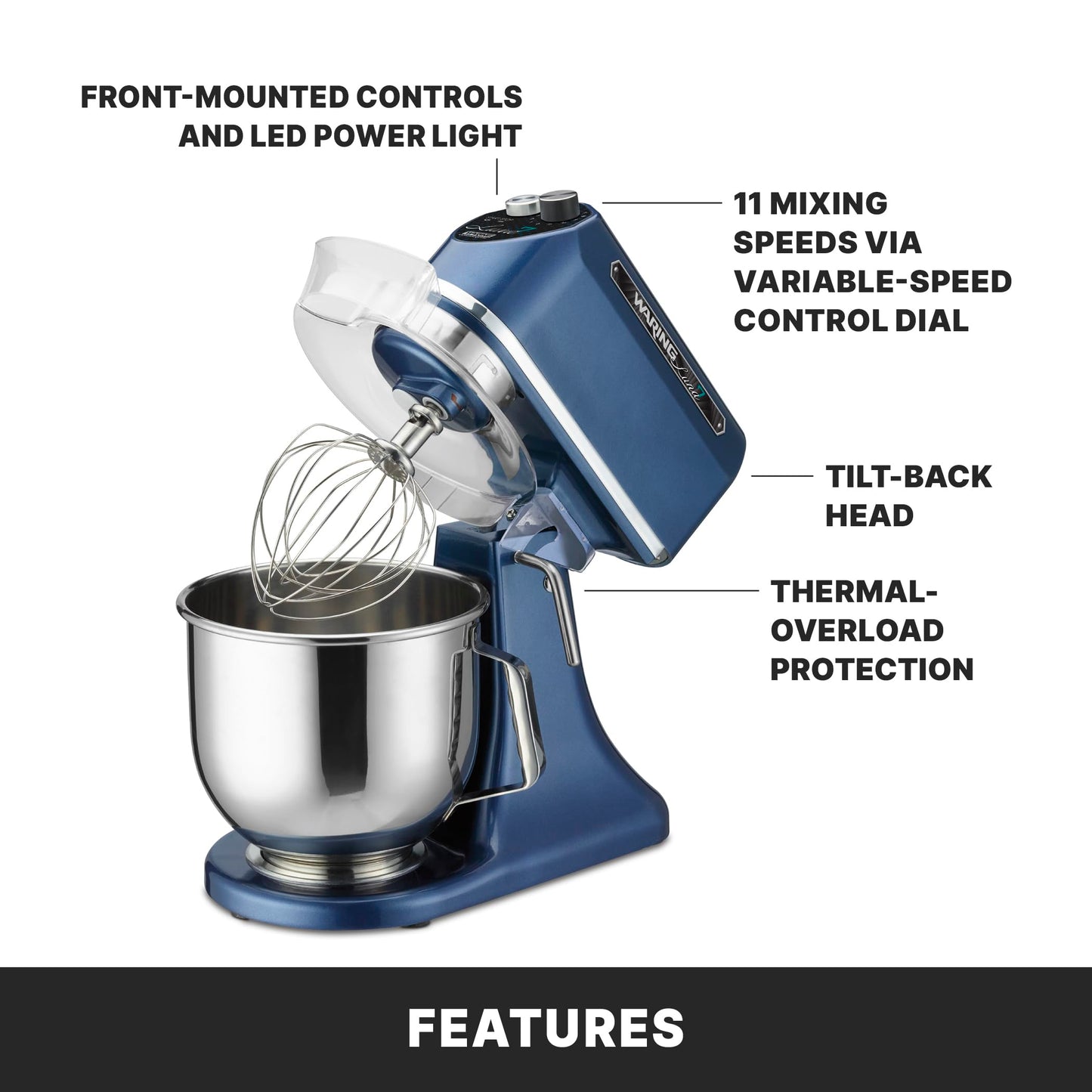 Waring Commercial Luna Planetary Stand Mixer, 7-Quart Capacity, 1/2 Horsepower, 11-Speed Tilt Head, for Professional Kitchens & Bakeries, NSF Certified, WSM7L