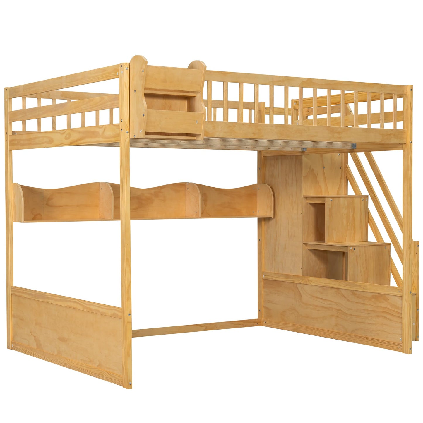 Merax Queen Size Wood Loft Bed Frame with Staircase,Storage Shelves & Wardrobe for Teens, Modern Loft Bed with Solid Slats, Guardrail, No Box Spring Required, Easy Assembly, for Bedroom, Natural
