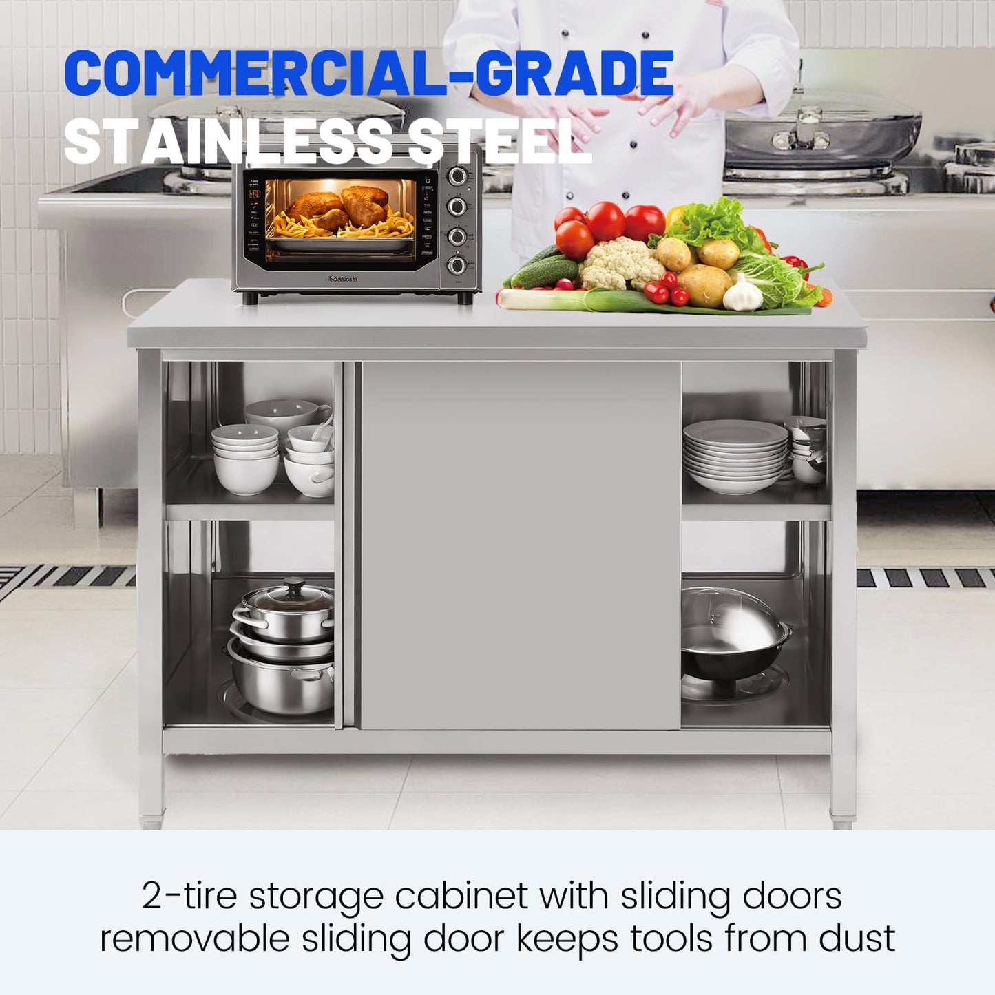 Hally Stainless Steel Cabinet, 24" x 48" NSF Commercial Heavy Duty Prep Workbench with Two Sliding Doors, Large Storage Cabinet, Metal Table for Kitchen, Restaurant, Garage