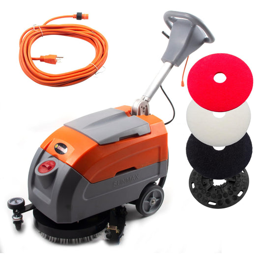 Sunmax RT35AC 17" Electric Walk-Behind Floor Scrubber, 7.9/9.2-Gal Dual Tank System, Orange/Gray, 26ft 110V Corded Commercial Floor Cleaning Machine