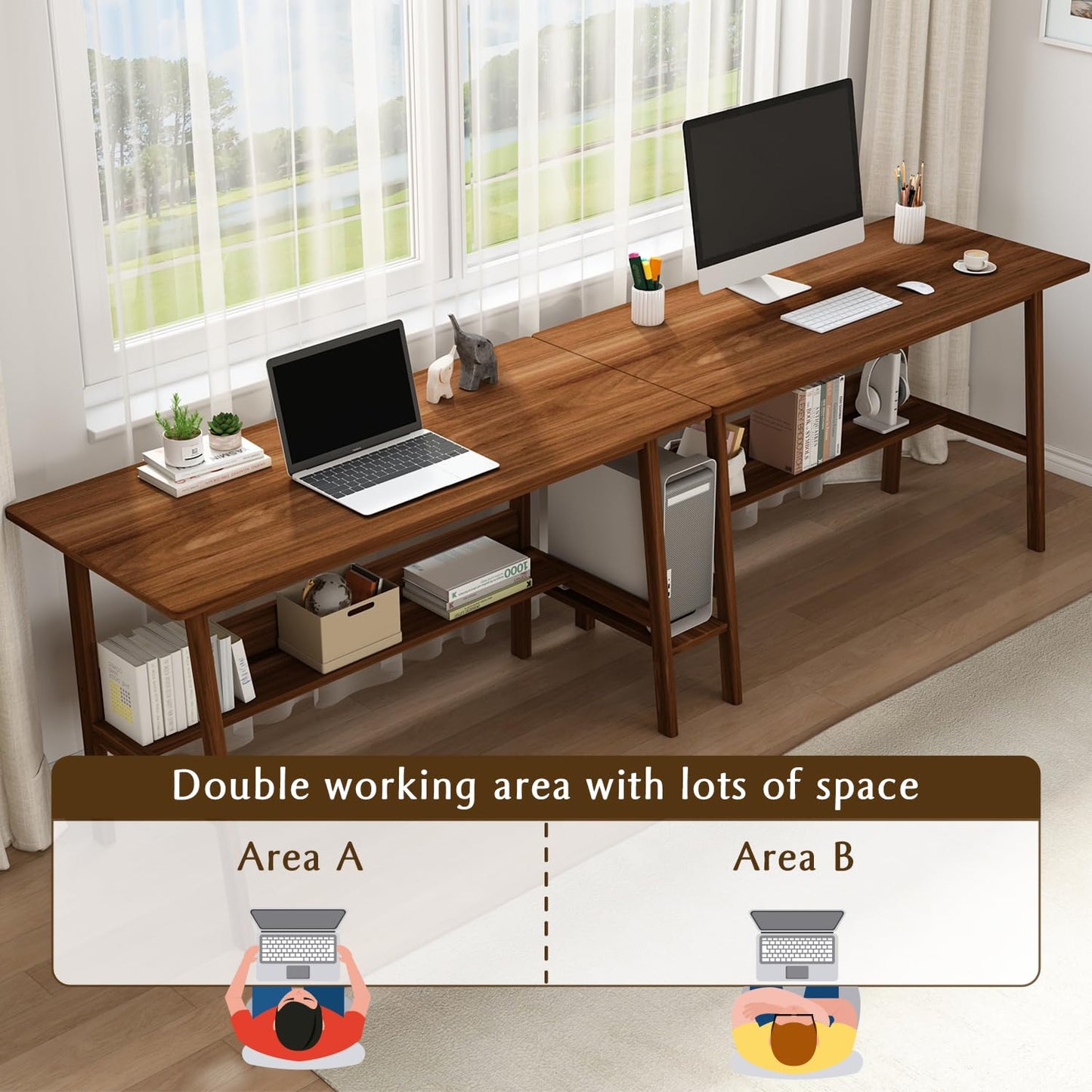 NELYE 2-Person Writing Desk with Bookshelf - 110" Wooden Extra Long Home Office Work Table, Double Study Computer Workstation with Storage Shelves in White, 110" W x 24" D