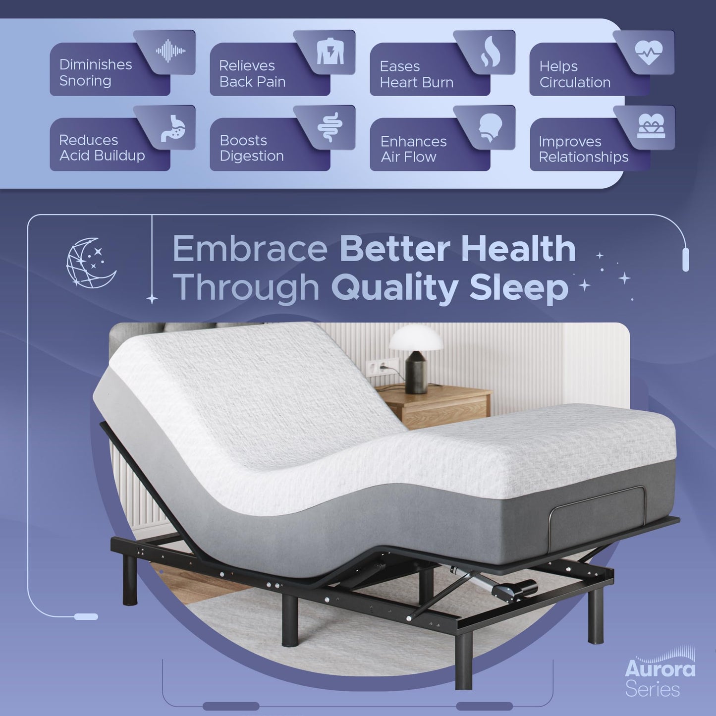 Celestial Aurora Adjustable Bed Base (Frame) + 10 inch Gel Memory Foam Mattress (Medium), Easy Assembly, Head and Foot Lift, Zero Gravity, Memory Positions, CertiPUR-US Bed - TwinXL