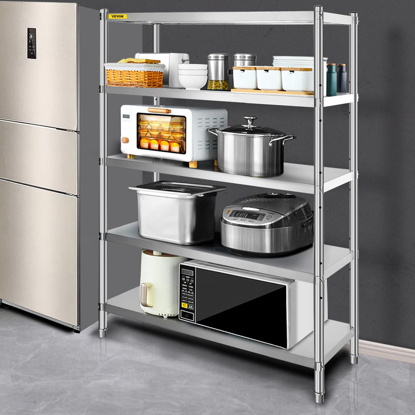 VEVOR Stainless Steel Shelving 60x18.5 Inch 5 Tier Adjustable Shelf Storage Unit Stainless Steel Heavy Duty Shelving for Kitchen Commercial Office Garage Storage 330lb Per Shelf