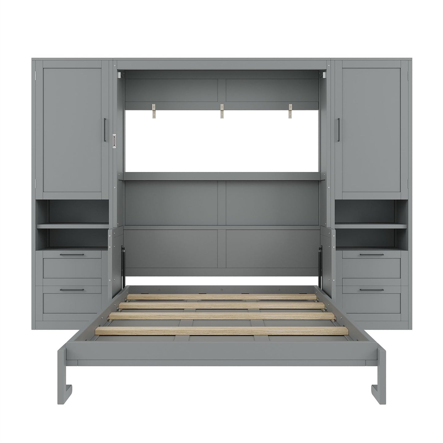 Merax Queen Size Murphy Bed with Desk, Multifunctional Foldable Wall Bed with Closet, Drawers and Shelves, Space-Saving Wood Platform Bed Frame for Small Spaces Studio Study Office Guest Room, Gray