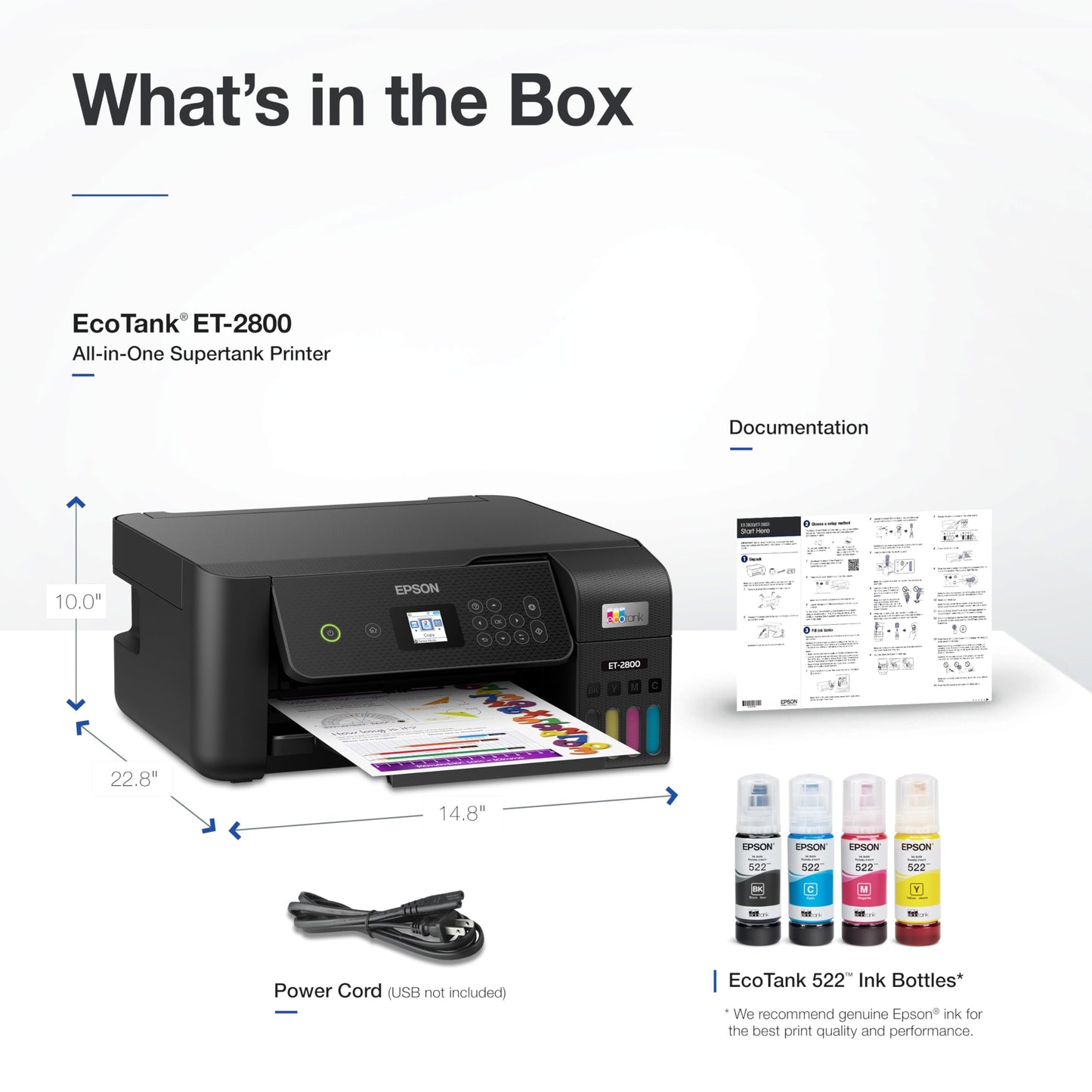 Epson EcoTank ET-2800 Wireless Color All-in-One Cartridge-Free Ink Supertank Printer with Scan and Copy for Home Use, Black