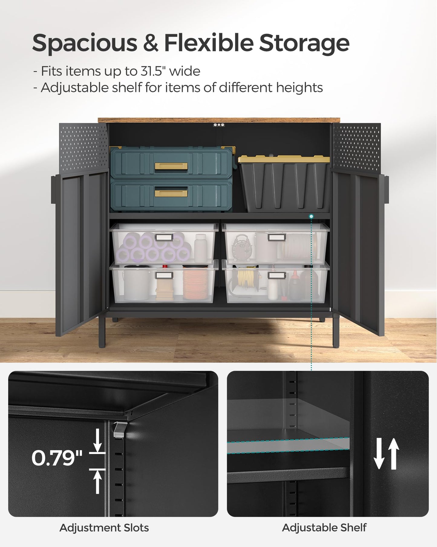 SONGMICS Set of 2 Storage Cabinets, Metal Cabinet, Sideboard with 2 Doors, 15.7 x 31.5 x 29.9 Inches, Magnetic Closure, Adjustable Shelf, Steel Frame, Rustic Brown and Black ULSC791B01