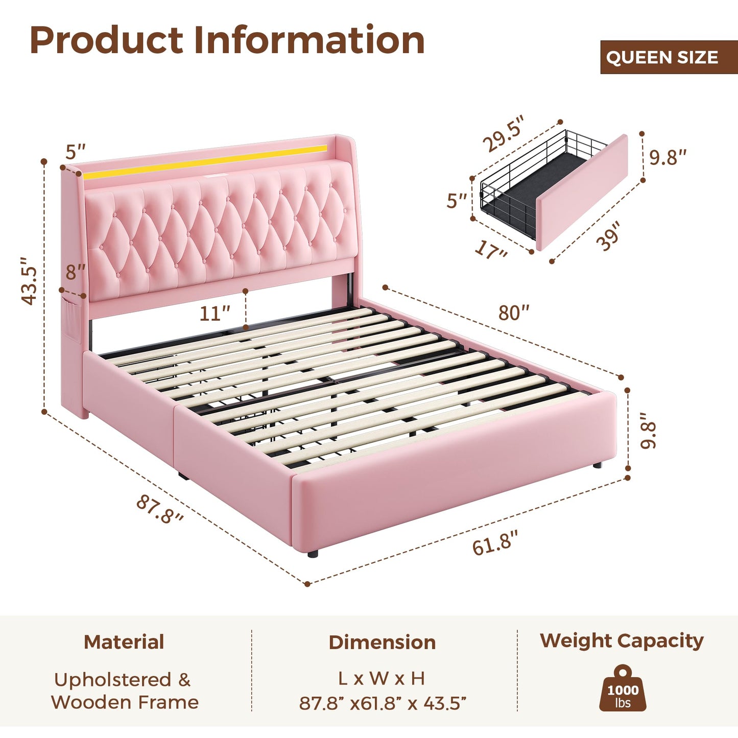 Queen LED Velvet Bed Frame with 2 Storage Drawers&Hidden Headboard, Upholstered Platform Bed with Charging Station&Button Tufted Design, Wooden Slats Support, Box Spring Optional, Easy Assembly, Pink