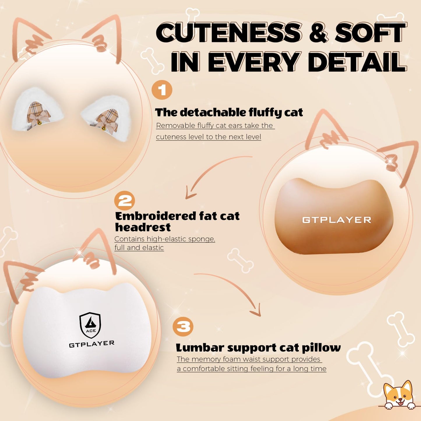 GTPLAYER Gaming Chair Cute with Cat Ears Ergonomic Computer Chair with Dog Embroidery Adjustable Memory Foam Lumbar Support and Headrest Comfortable Reclining Office Chair for Girls, Teens, Women
