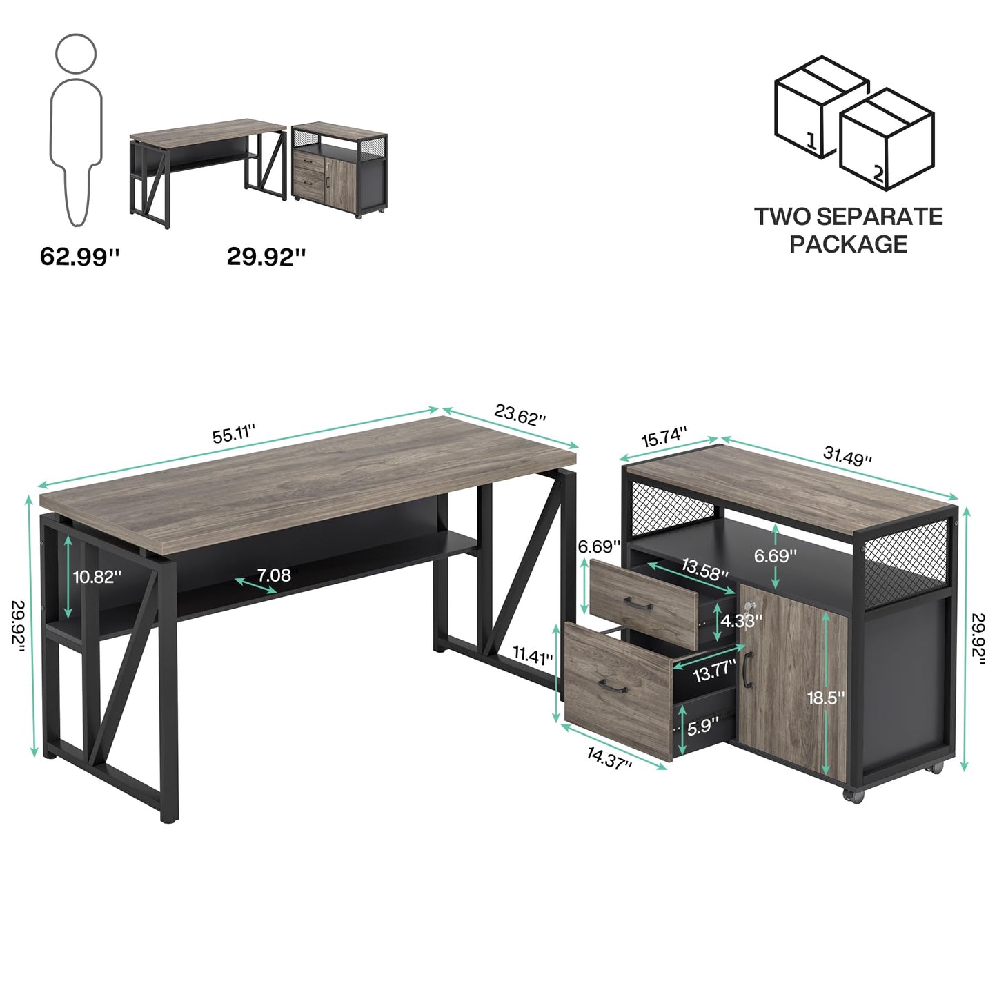 Tribesigns Office Desk with Drawers Sets, 55 inches L Shaped Computer Desk with Mobile File Cabinet,Big Executive Desk for Home Office Furniture Sets (Dark Oak, 55-inch)