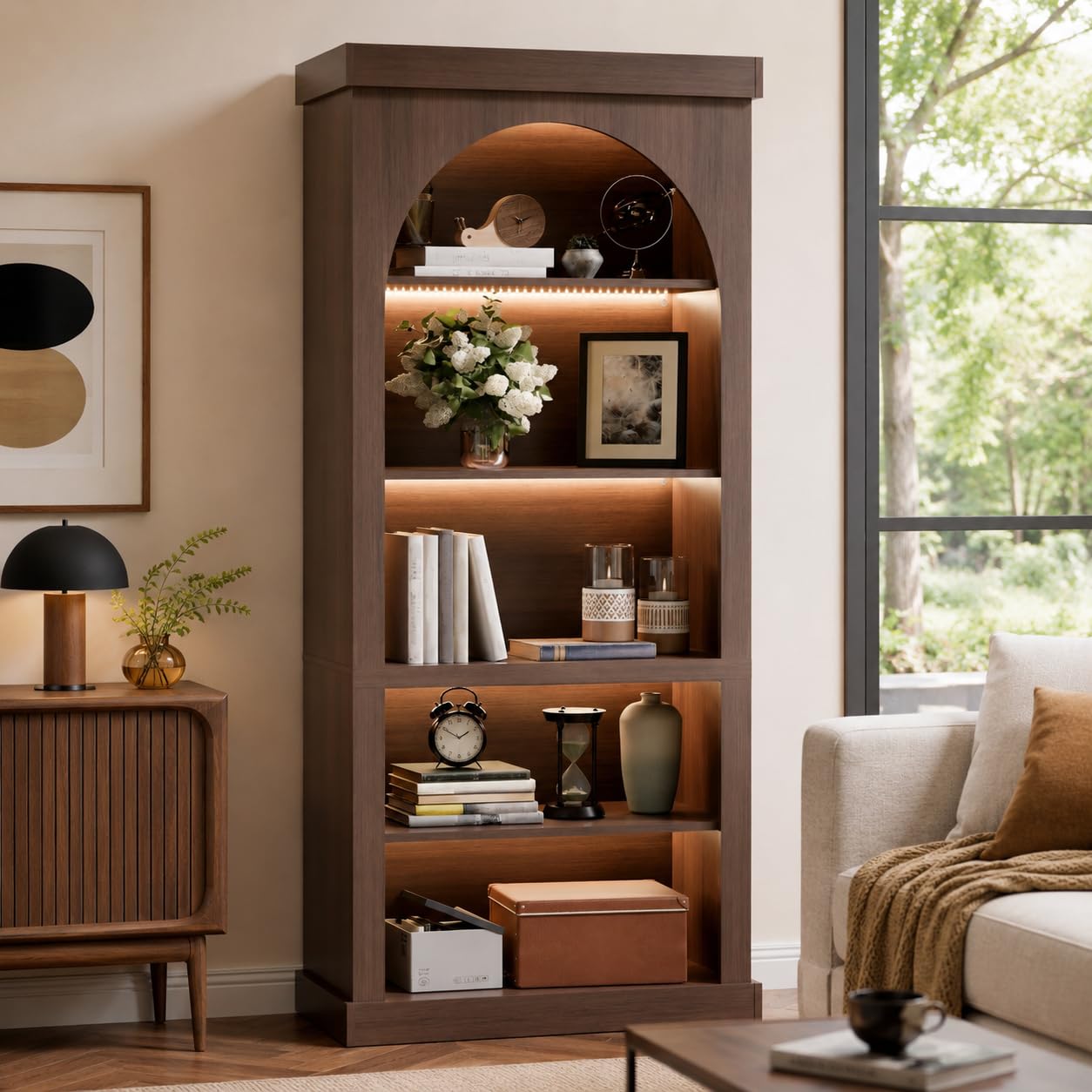 Trygoal Tall Cabinet Bookcase, Display Cabinet Walnut Finish with Adjustable Shelf, Mid Century Modern Curio Cabinet for Living Room, Dining Room, Kitchen, Study Room, Entryway, Open-Shelves