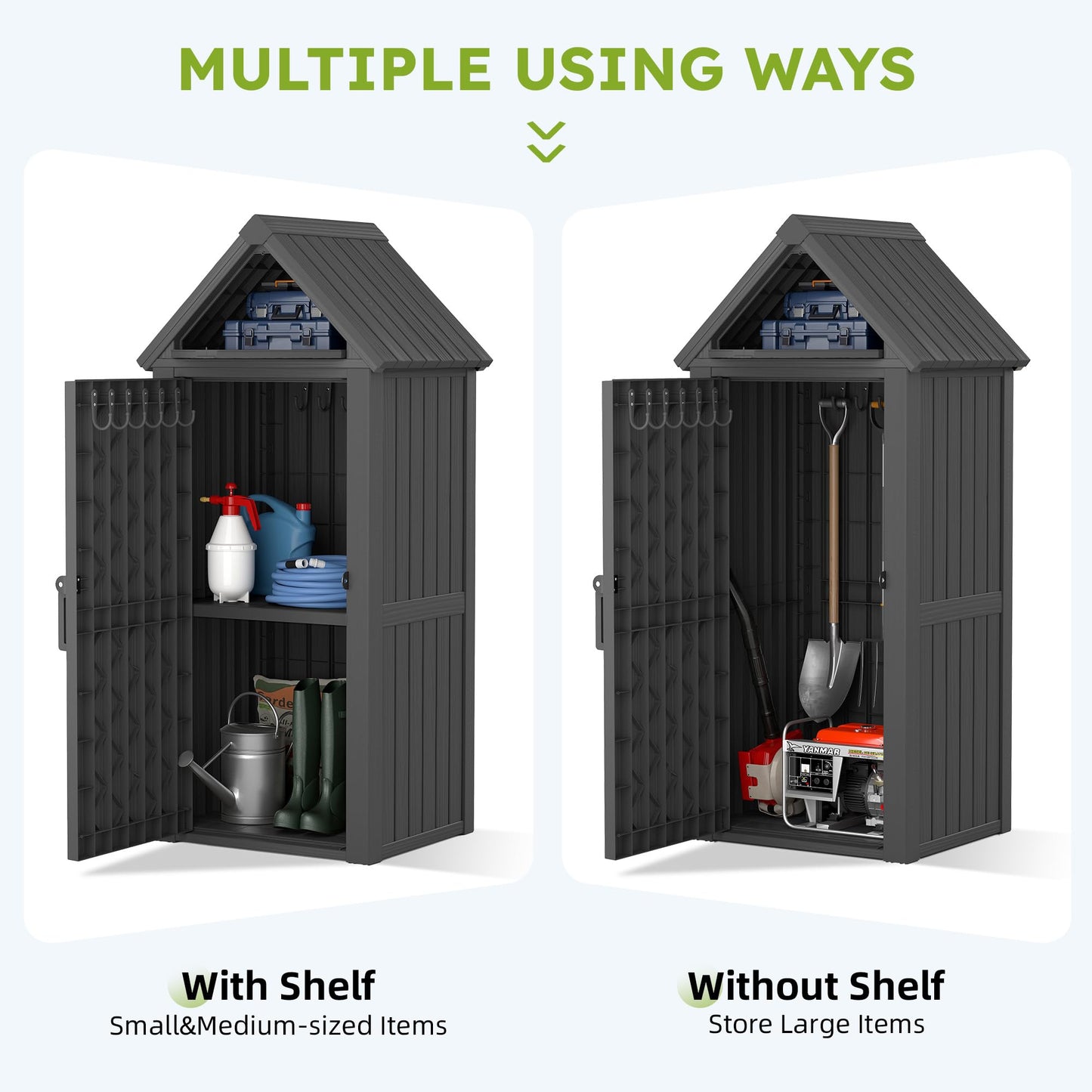WTFGO Vertical Outdoor Storage Shed, Waterproof Resin Outdoor Storage Cabinet with Removable Shelves & 12 Hooks, Lockable Small Tool Shed for Garden, Backyard, Patio, Pool, Black