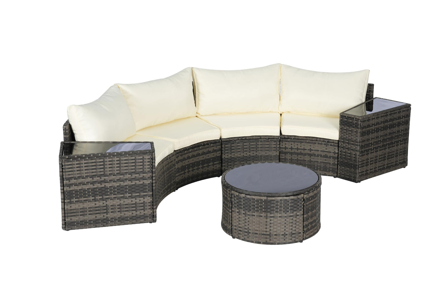 KEIKI 7-Piece Half-Moon Outdoor Patio Furniture Set, Rattan Patio Conversation Set with Coffee Table & 2 Sofa Side Table & 4 Curved Armless Sofa, Wicker Curved Sectional Sofa Set, for Backyard, Beige