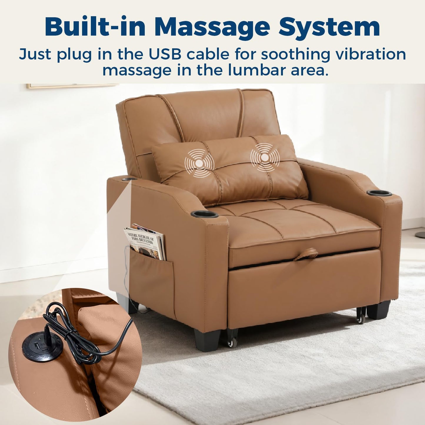 4 in 1 Convertible Sleeper Chair Bed with Vibration Massage Lumbar Pillow, Single Sofa Recliner Featuring USB/Type-C Port, Cup Holders & Side Pocket, Space-Saving Pull Out Bed for Small Spaces, Brown