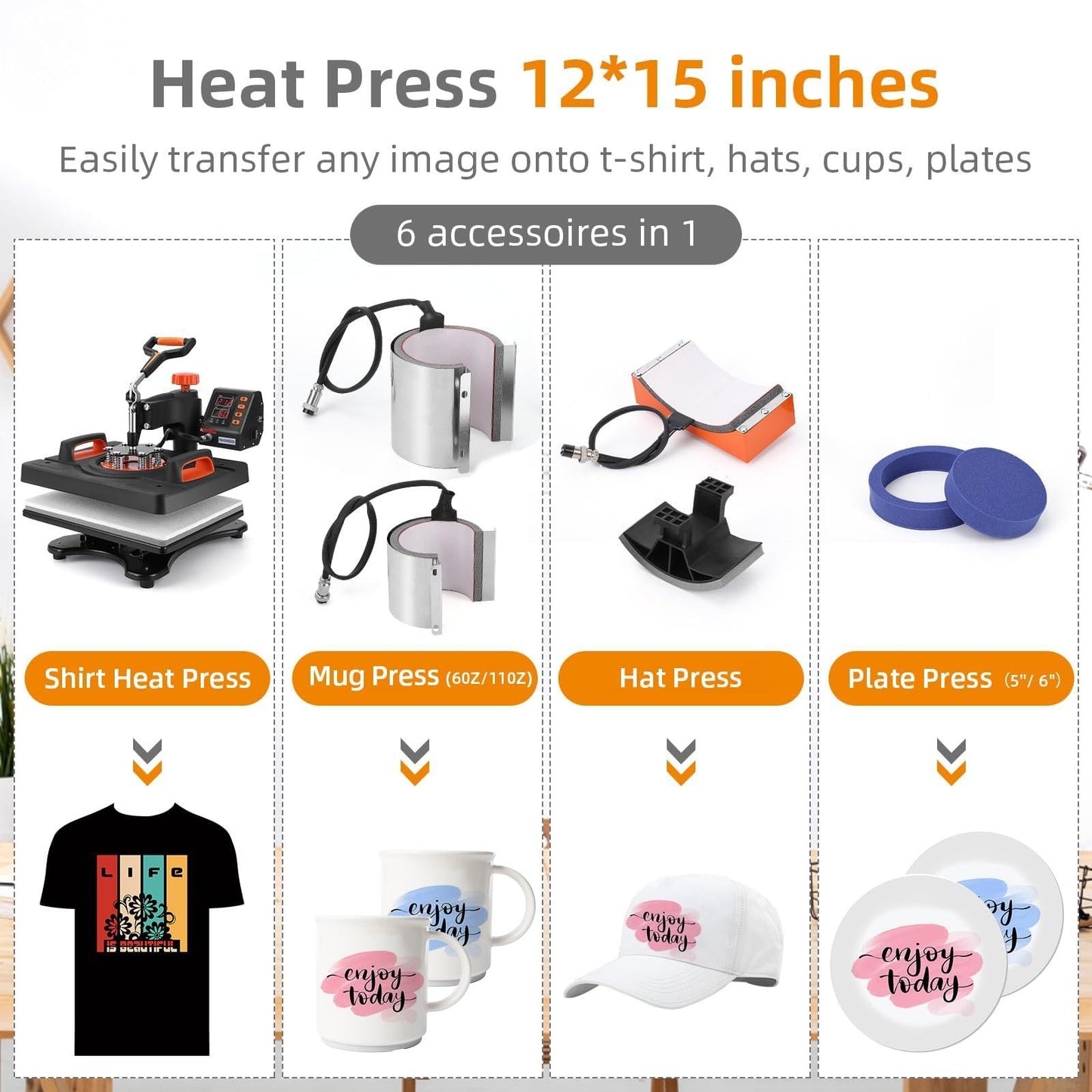 12 x 15 Inch 6 in 1 Heat Press Machine, 800W Sublimation Heat Press, 360° Swing-Away Rotation, Dual-Tube Heating Transfer Printer, Multipurpose Heat Press for T-Shirts, Hats, Mugs, Caps & DIY Crafts