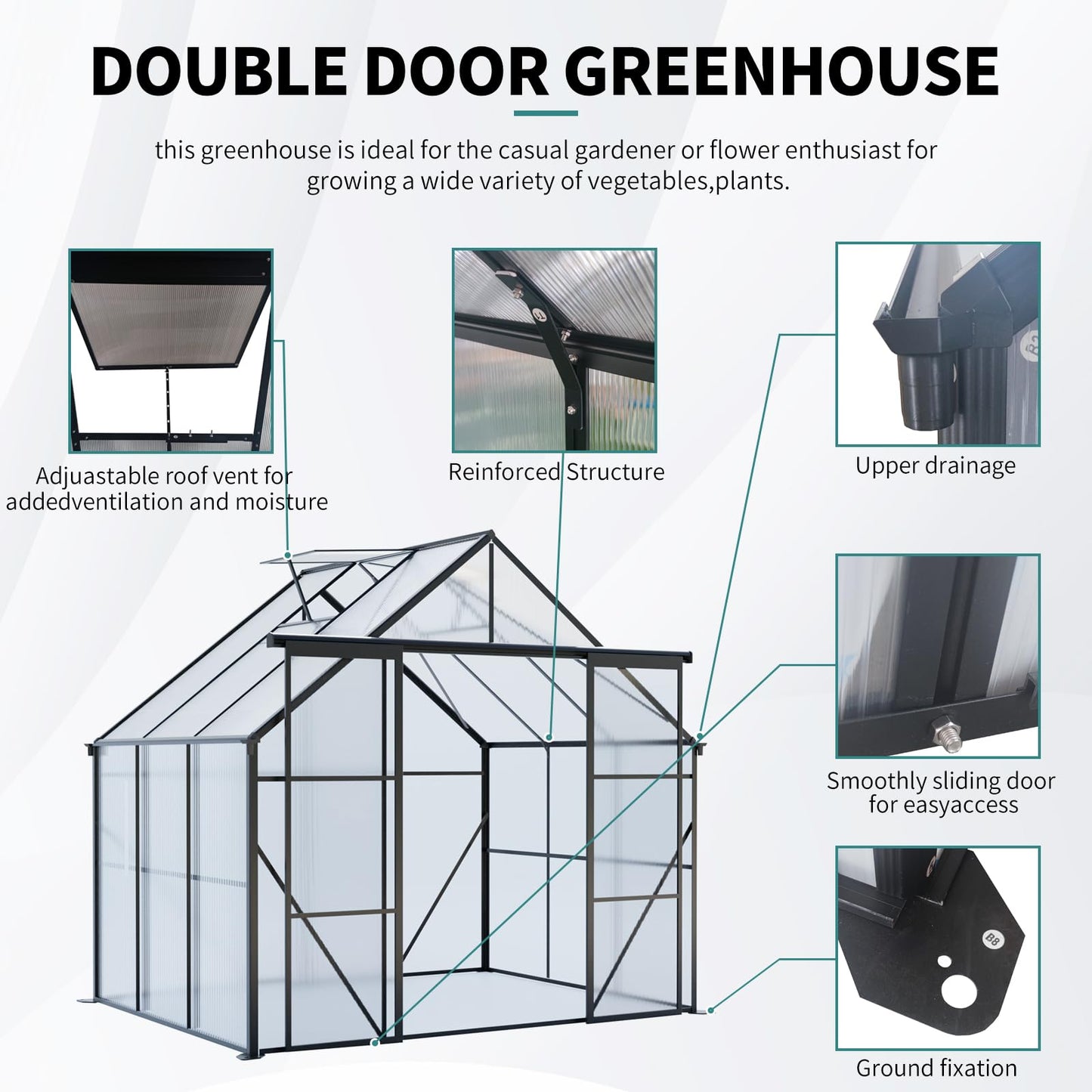 KEIKI 8x6 FT Double Door Upgrade Polycarbonate Greenhouse with Aluminum Frame,Raised Base and Roof Vent,Walk-in Greenhouses for Patio Garden